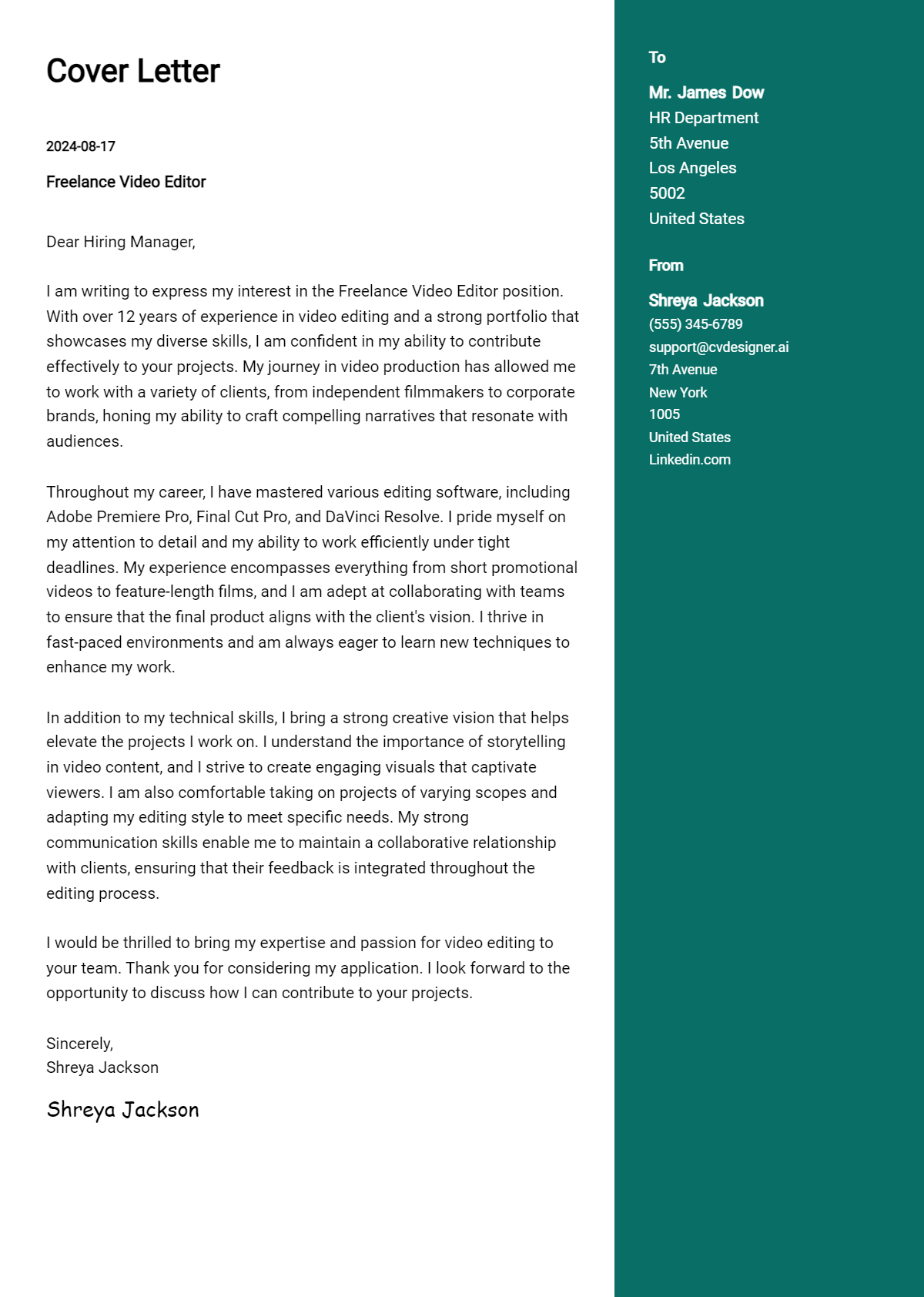 Freelance Video Editor Cover Letter Example for 2026: Ultimate Guide Preview
