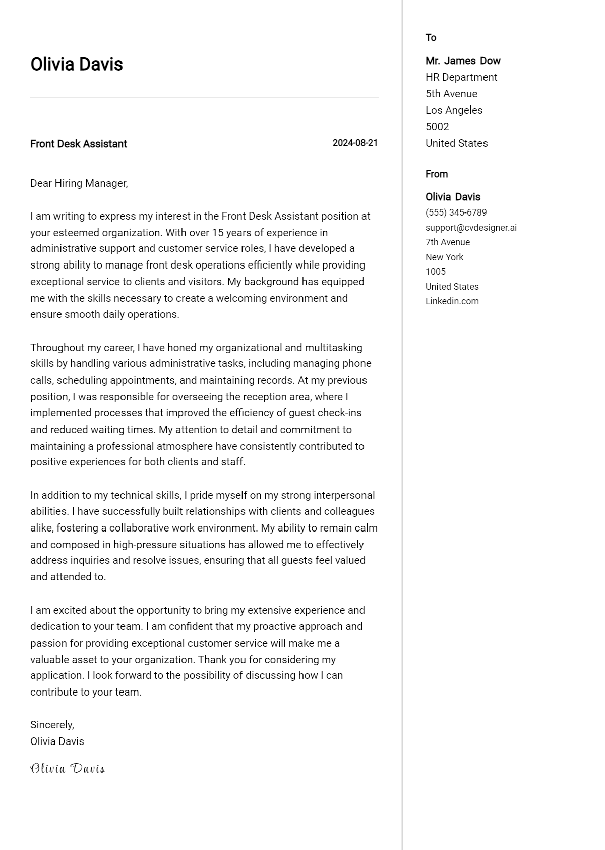 6 Front Desk Assistant Cover Letter Examples for 2026 (Downloadable) Preview
