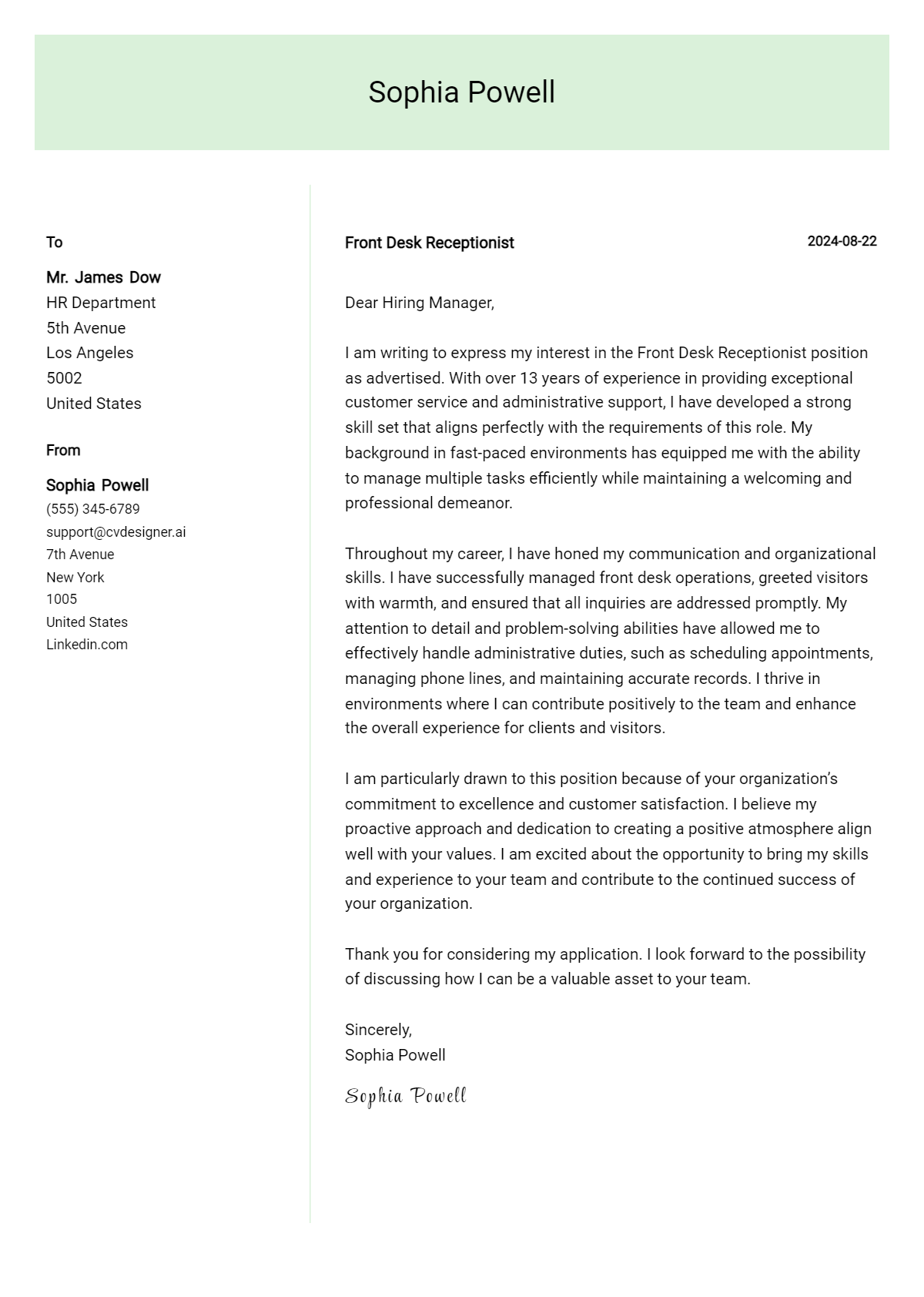 6 Front Desk Receptionist Cover Letter Examples and Templates for 2026 Preview