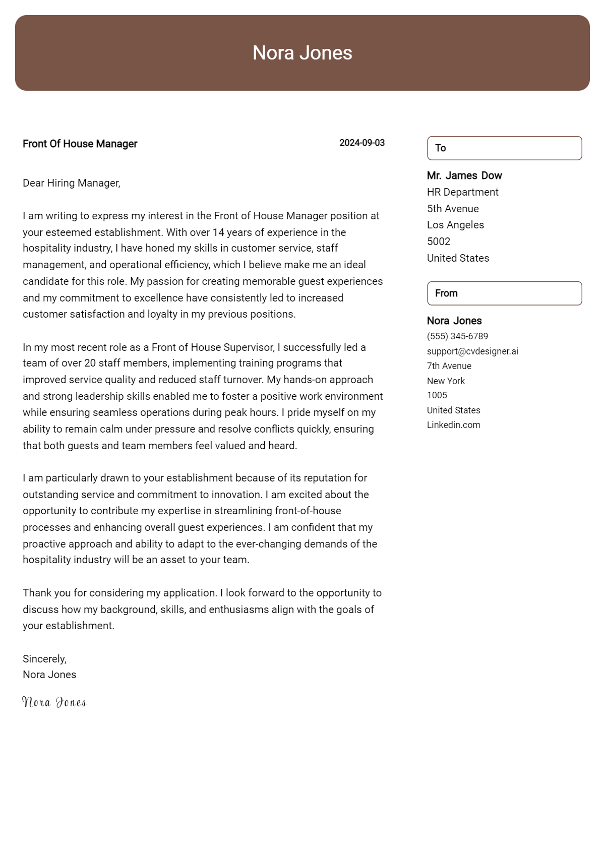 Front Of House Manager Cover Letter Examples for 2026 (Downloadable) Preview