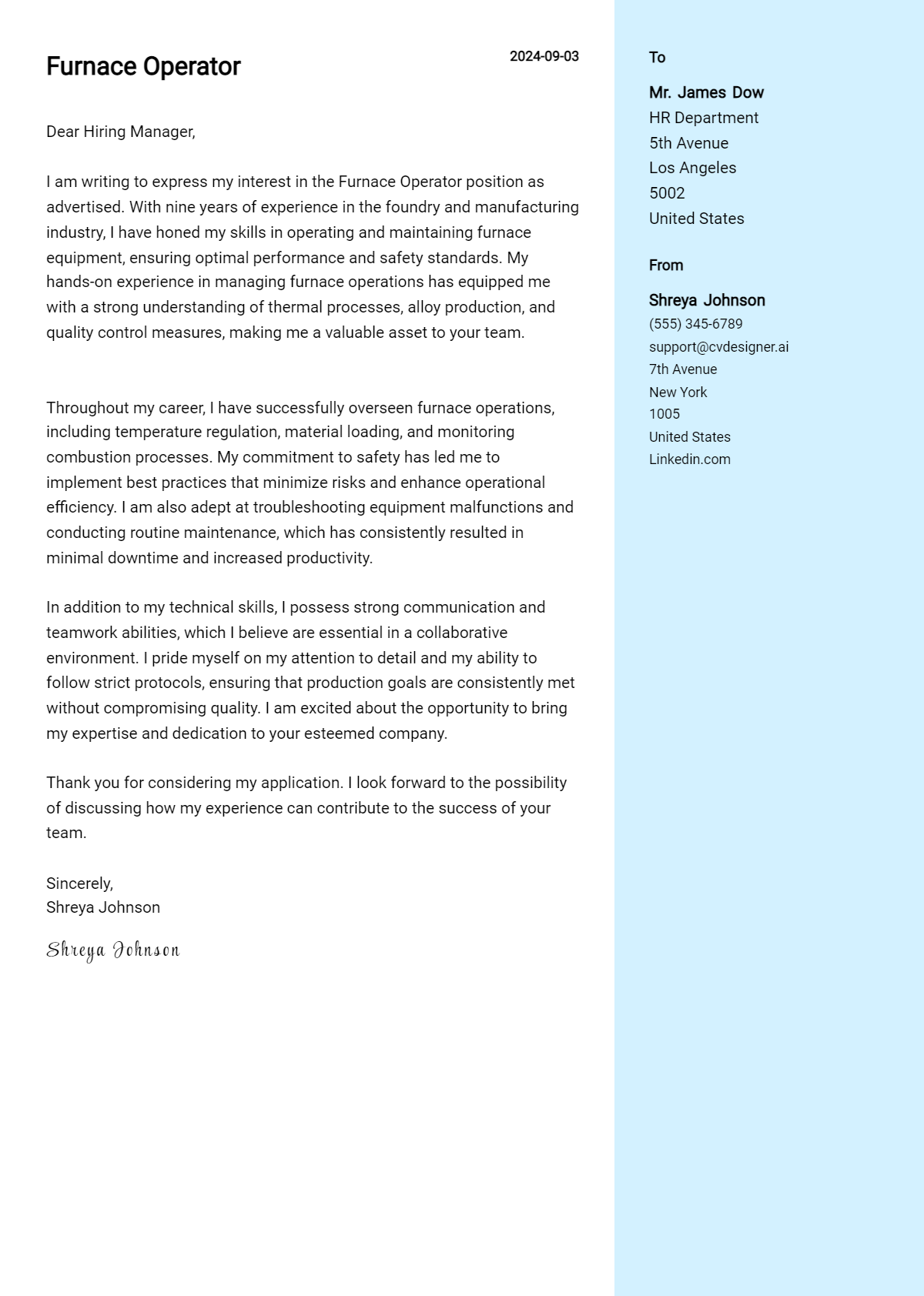 Furnace Operator Cover Letter Example for 2026 (Free Templates) Preview
