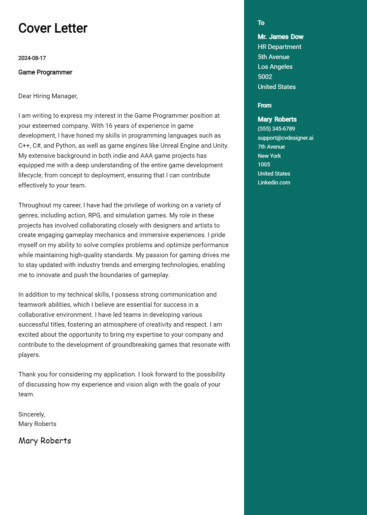 Game Programmer Cover Letter Example for 2026 (Free Templates) Preview