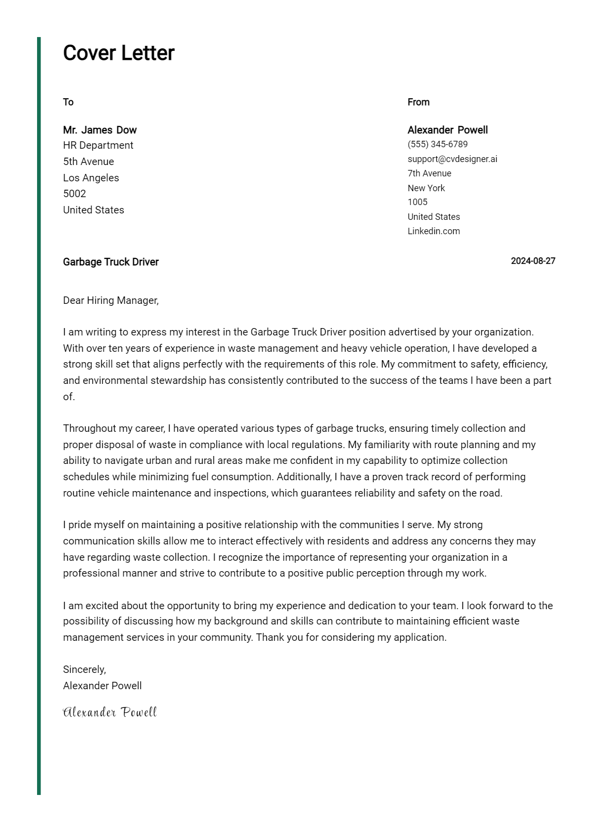 Garbage Truck Driver Cover Letter Examples & Samples for 2026 Preview
