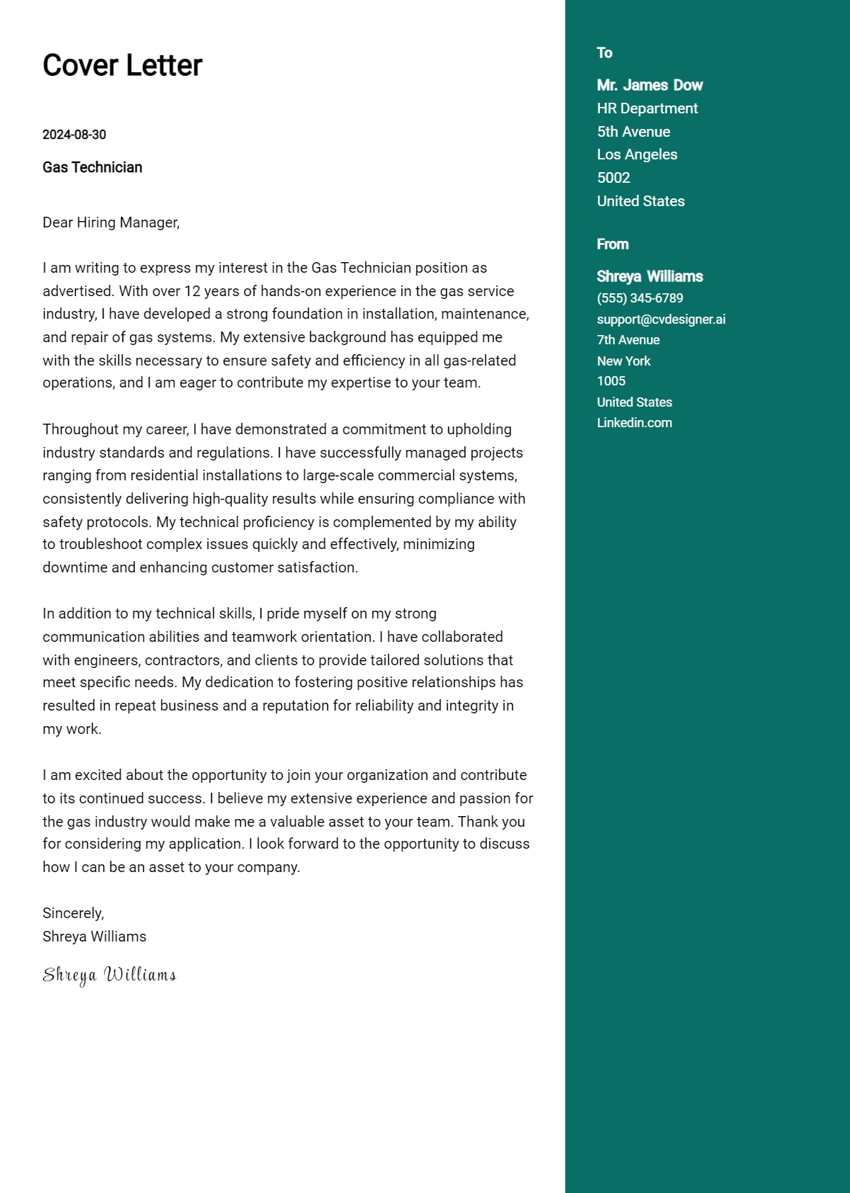 Gas Technician Cover Letter Examples for 2026 (Downloadable) Preview