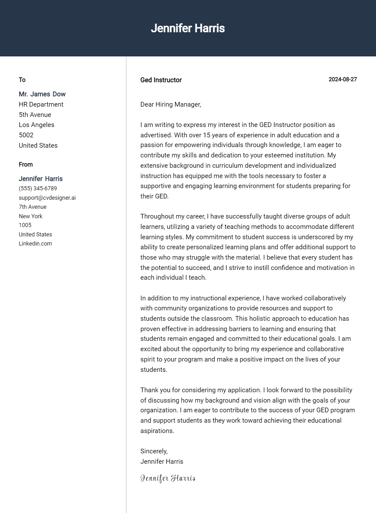 GED Instructor Cover Letter Example for 2026: Top CV Skills Preview