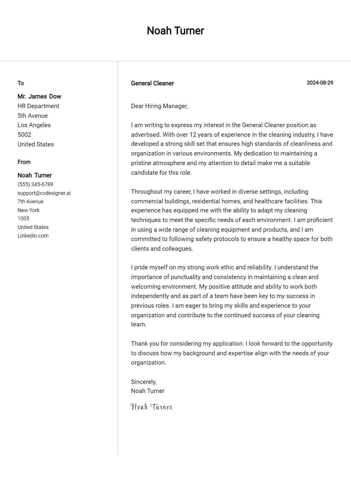 General Cleaner Cover Letter Example for 2026: Ultimate Guide Preview