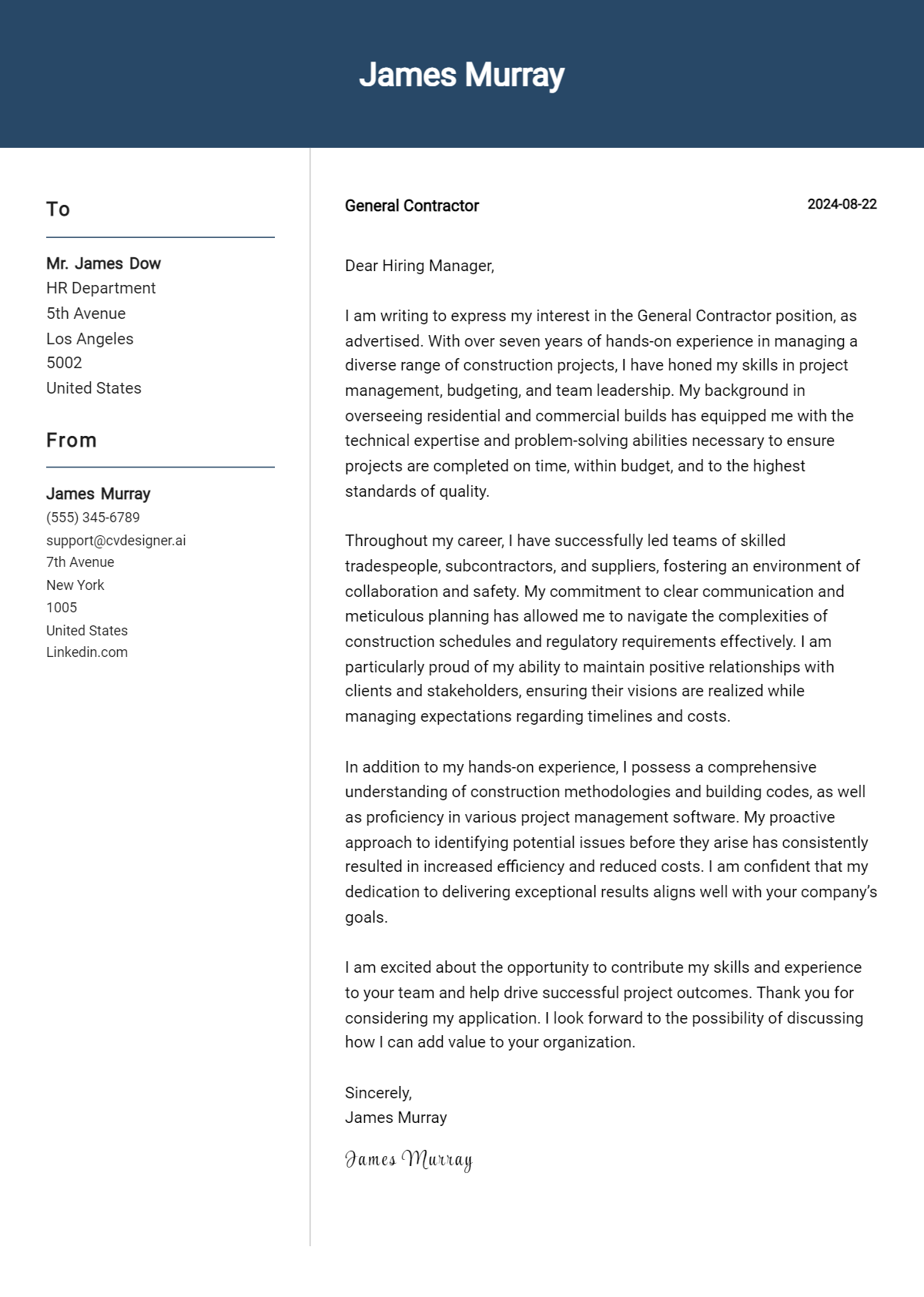 General Contractor Cover Letter Example for 2026 (Download Templates) Preview