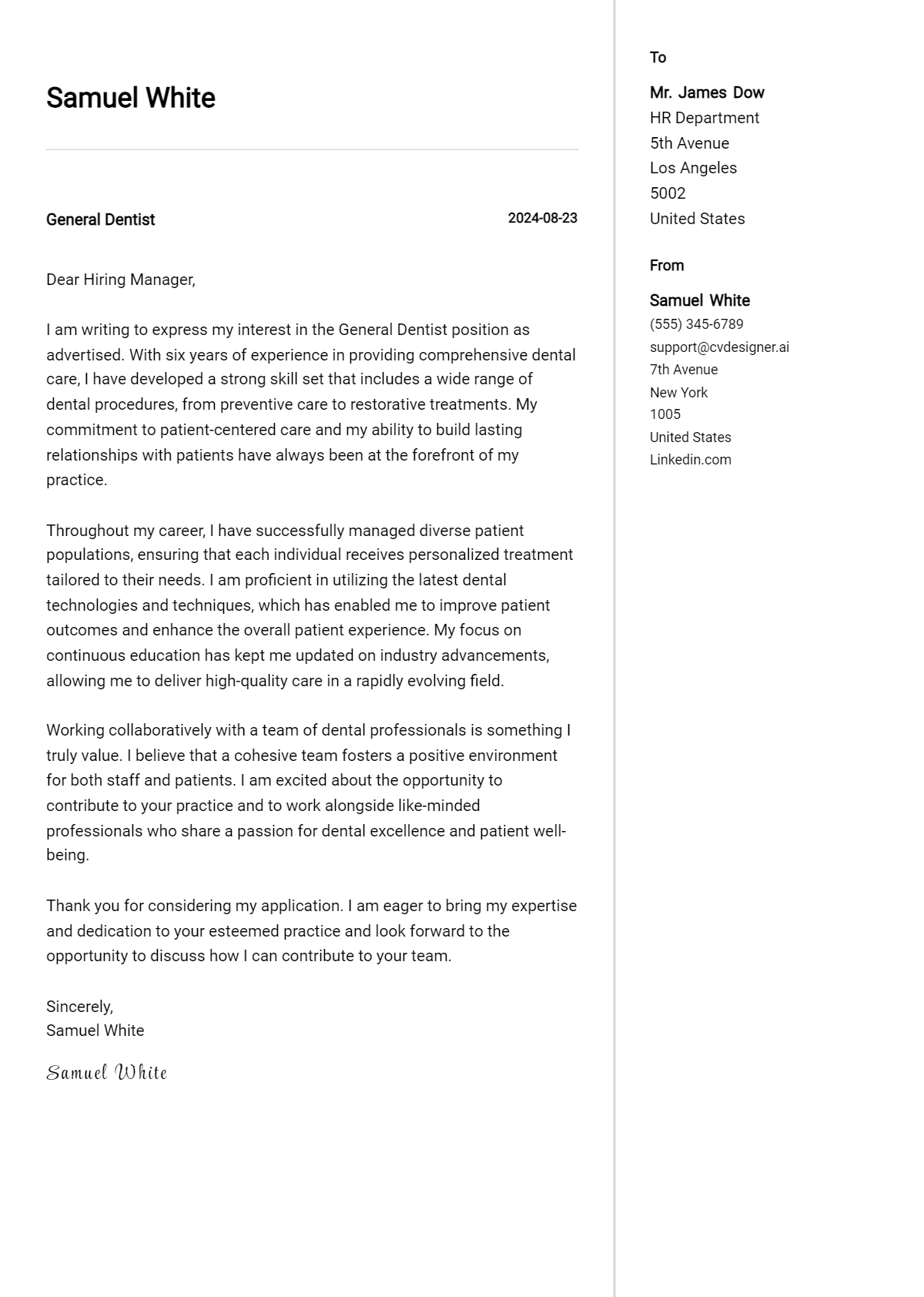General Dentist Cover Letter Example for 2026 (Free Templates) Preview