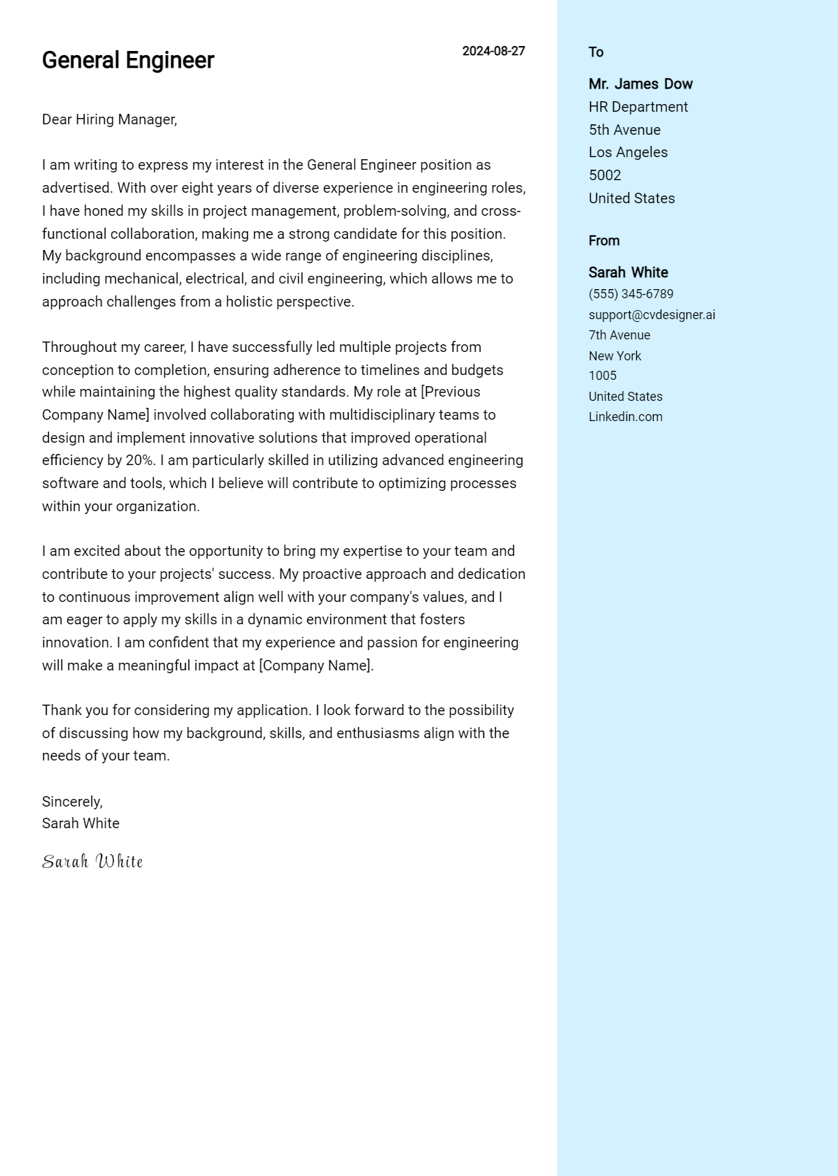 General Engineer Cover Letter Examples & Samples for 2026 Preview
