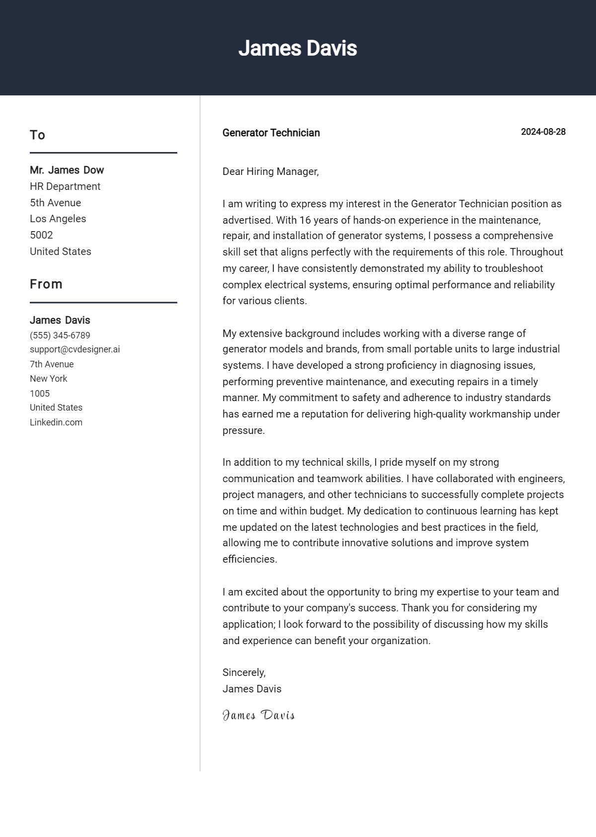 Generator Technician Cover Letter Example for 2026: Free Templates Preview