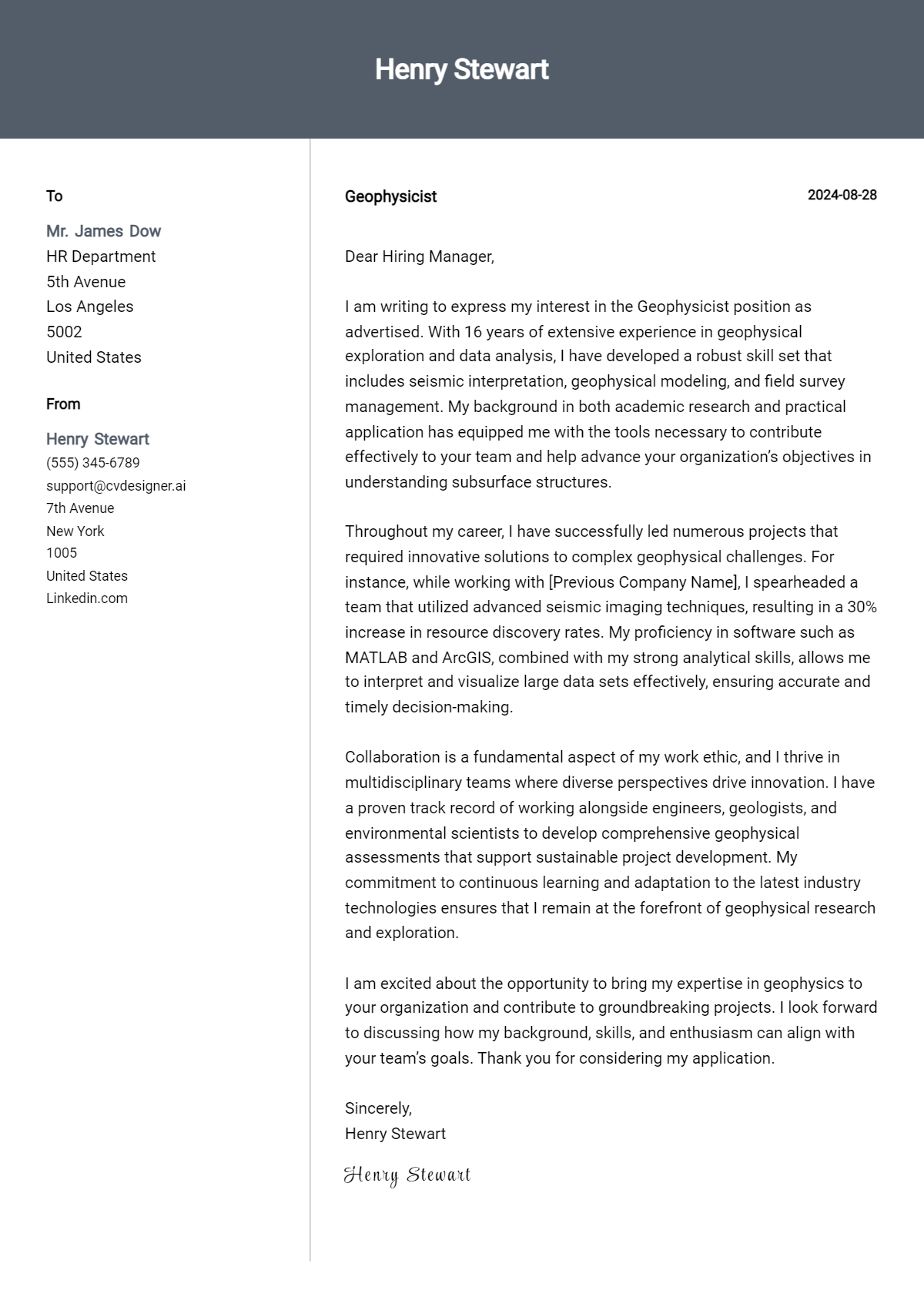 Geophysicist Cover Letter Example for 2026: Tips & Templates Preview