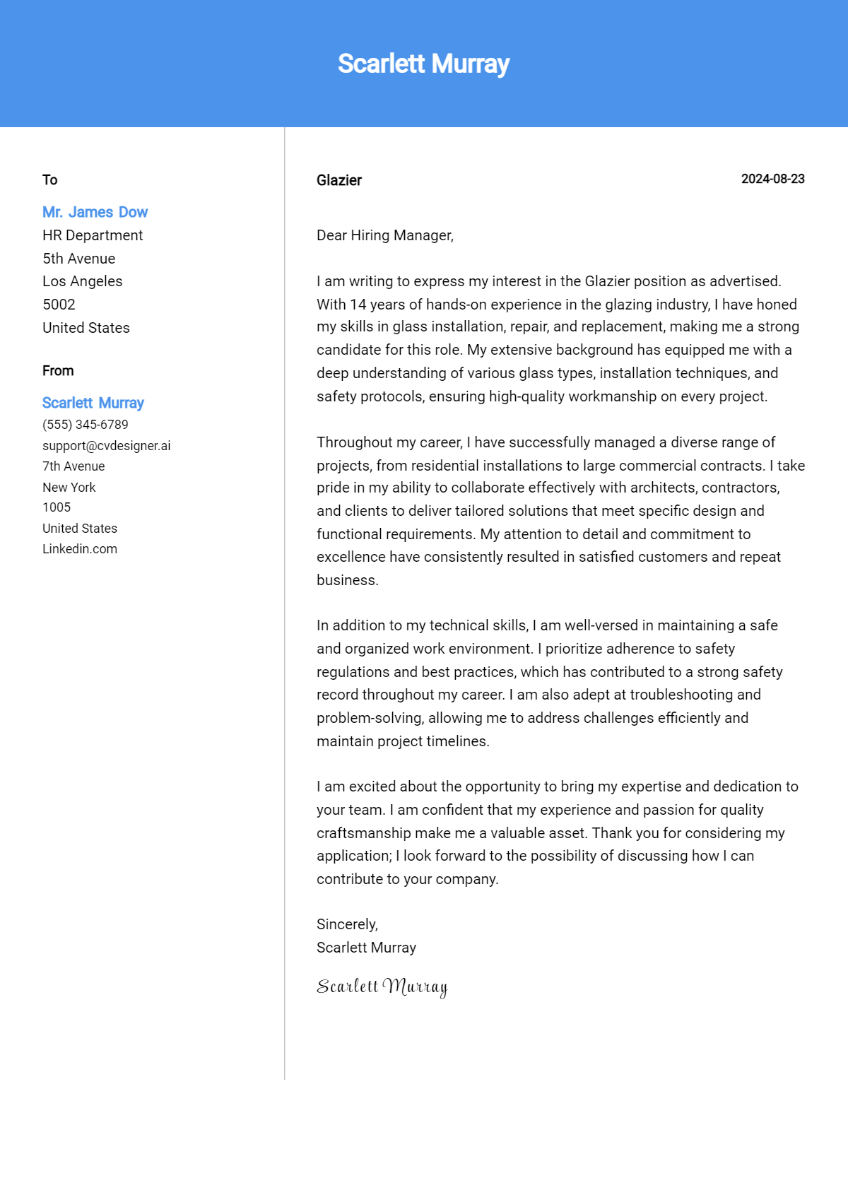 Glazier Cover Letter Examples & Samples for 2026 Preview