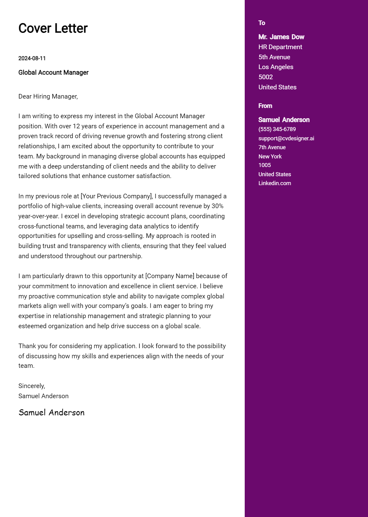 Global Account Manager Cover Letter Example for 2026: Ultimate Guide Preview