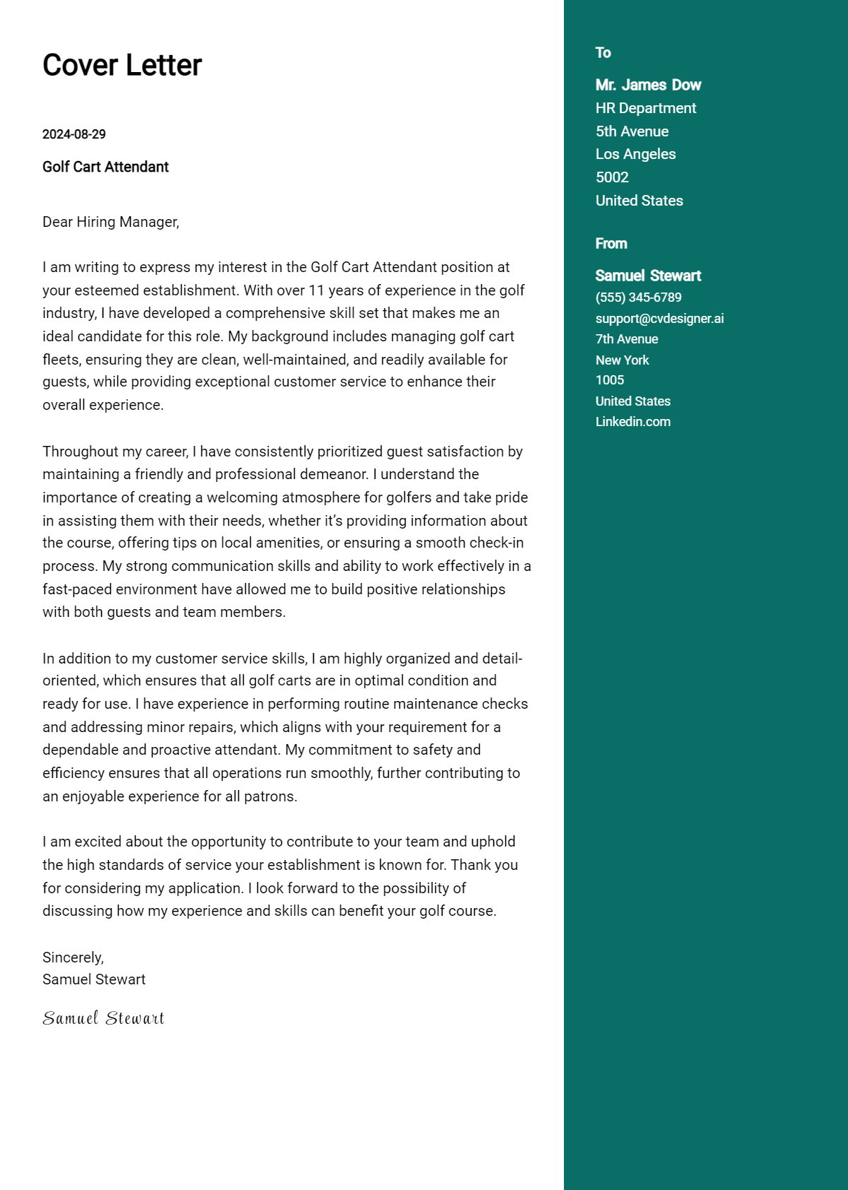 Golf Cart Attendant Cover Letter Example for 2026: Expert Tips & Templates Preview
