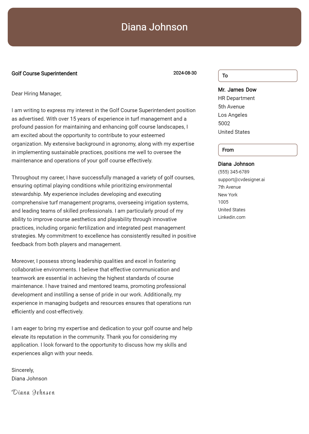 Golf Course Superintendent Cover Letter Example for 2026 (Download Templates) Preview
