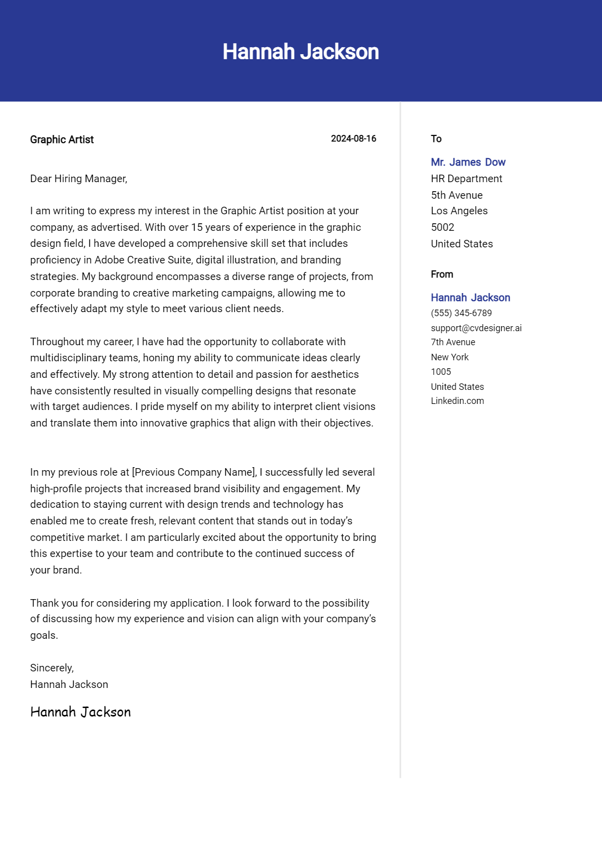 Graphic Artist Cover Letter Example for 2026 (Free Templates) Preview