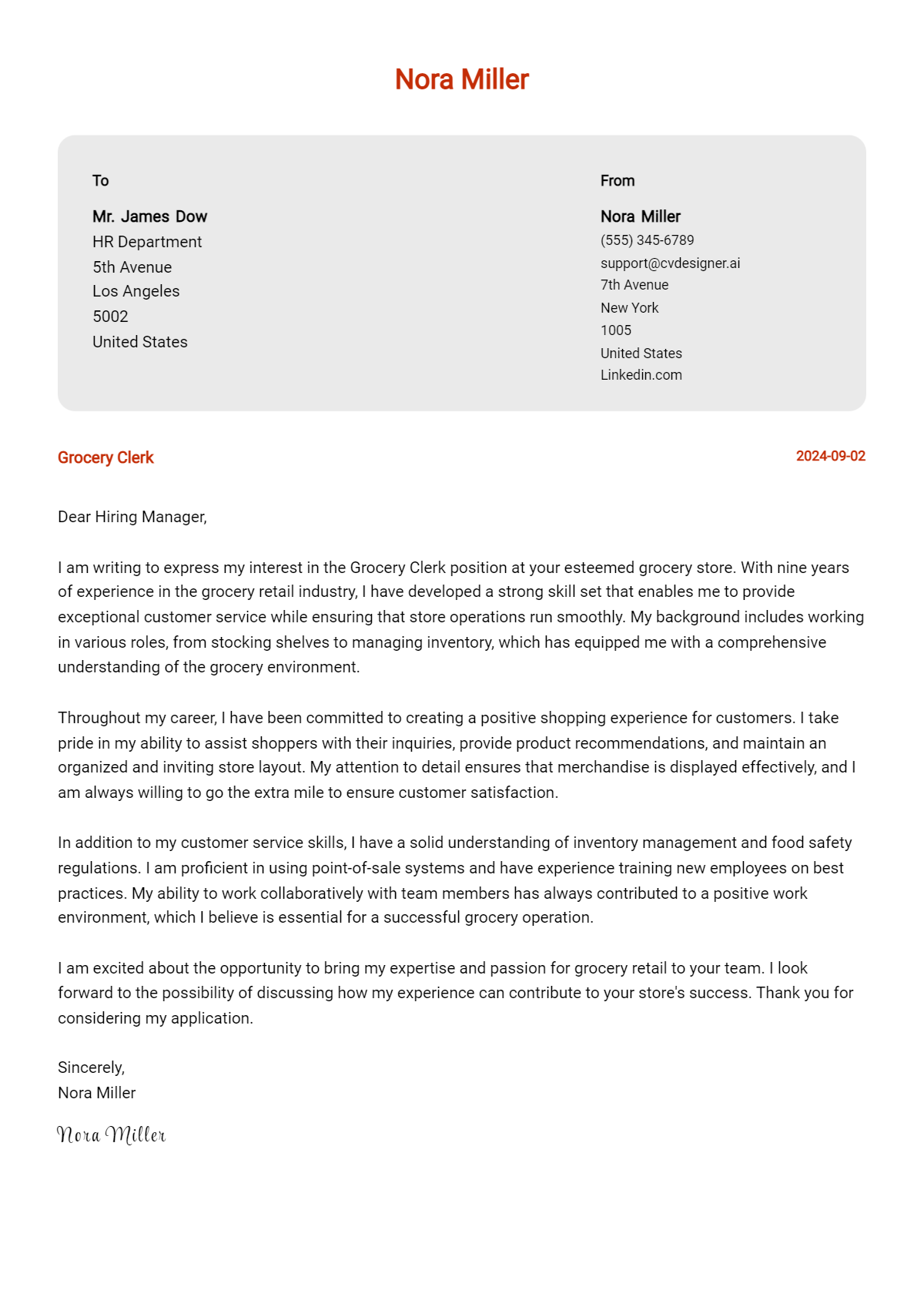 Grocery Clerk Cover Letter Examples for 2026 (Downloadable) Preview