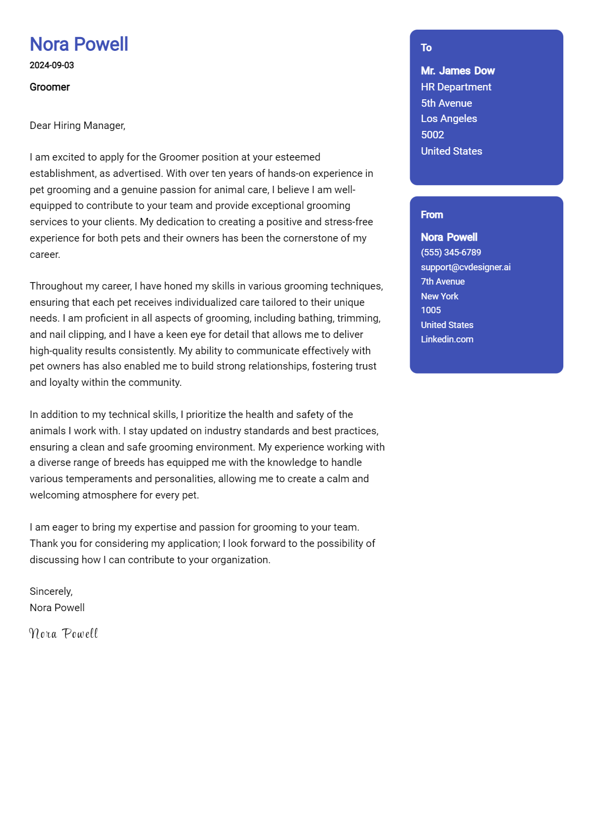 Groomer Cover Letter Examples for 2026 (Downloadable) Preview