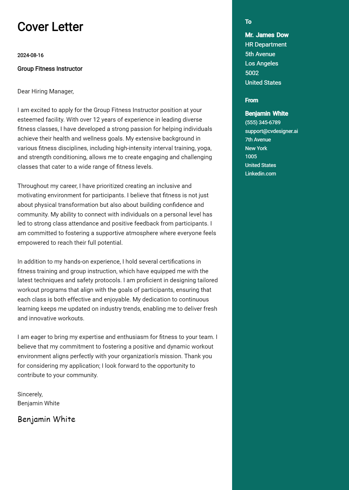 Group Fitness Instructor Cover Letter Example for 2026 (Writing Guide) Preview