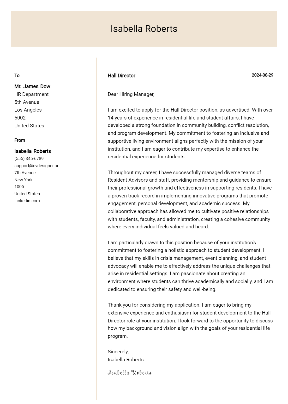 Hall Director Cover Letter Example for 2026: Top CV Skills Preview