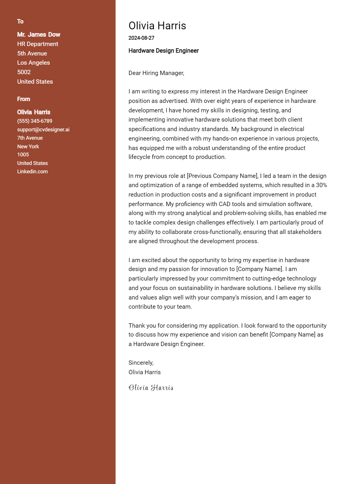 Hardware Design Engineer Cover Letter Examples for 2026 (Downloadable) Preview