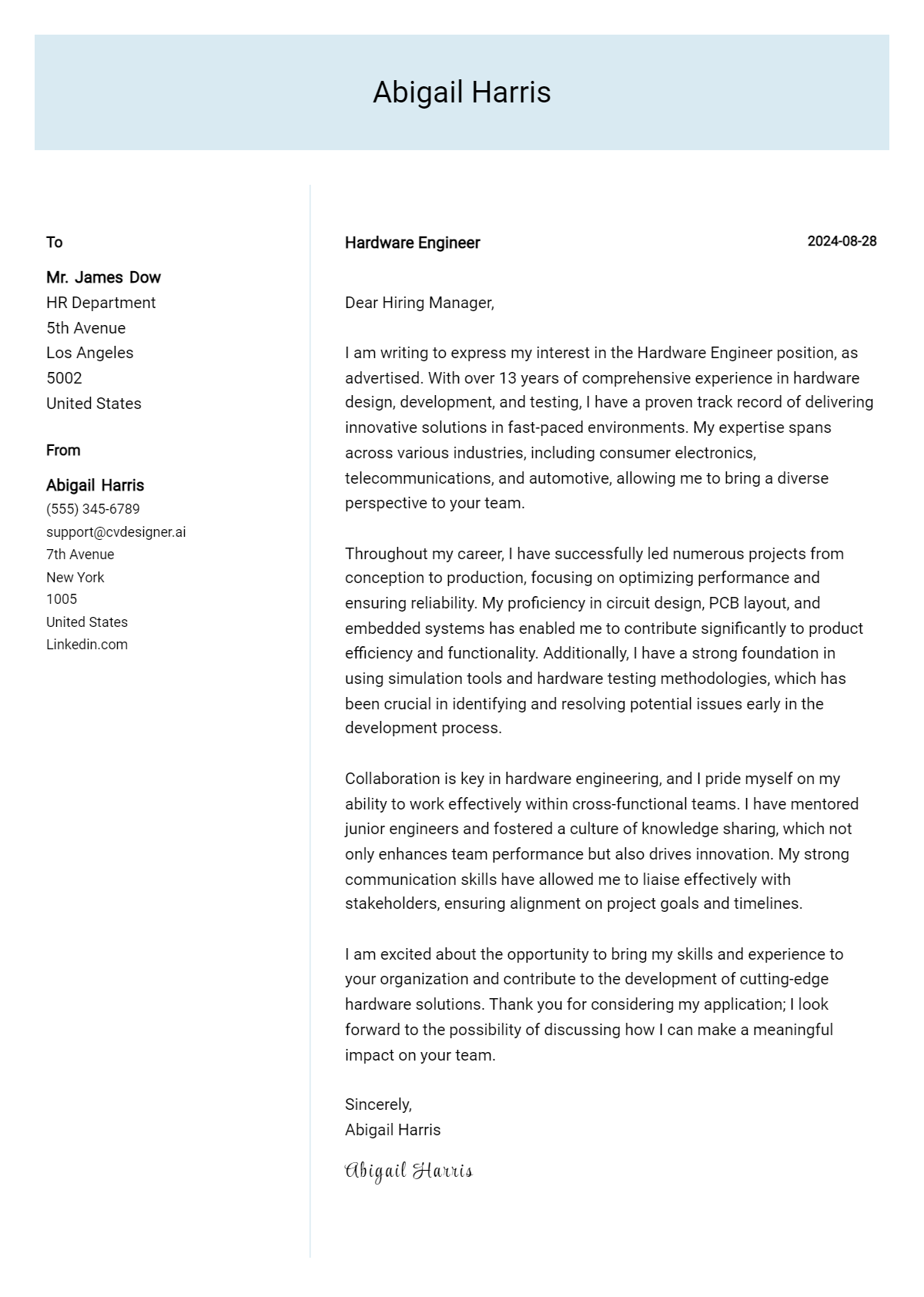 Hardware Engineer Cover Letter Example for 2026 (Free Templates) Preview
