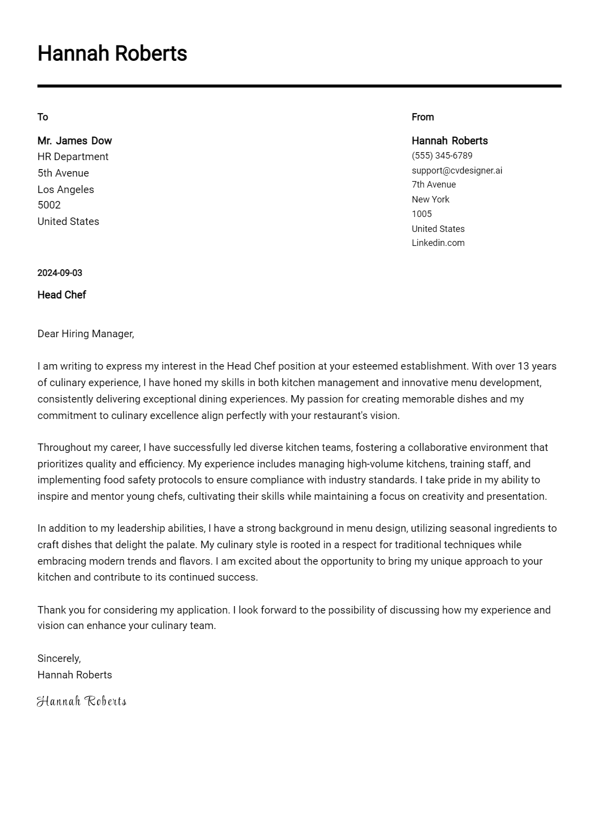 12 Head Chef Cover Letter Samples & Examples 2026 Preview