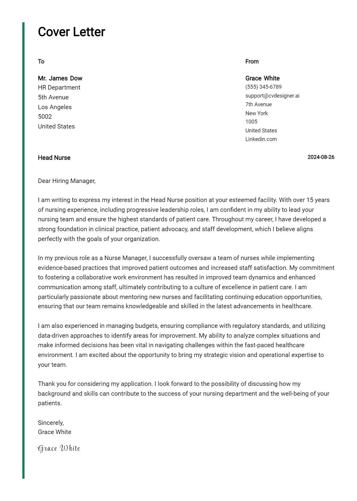 29 Head Nurse Cover Letter Examples for 2026 (Writing Guide) Preview