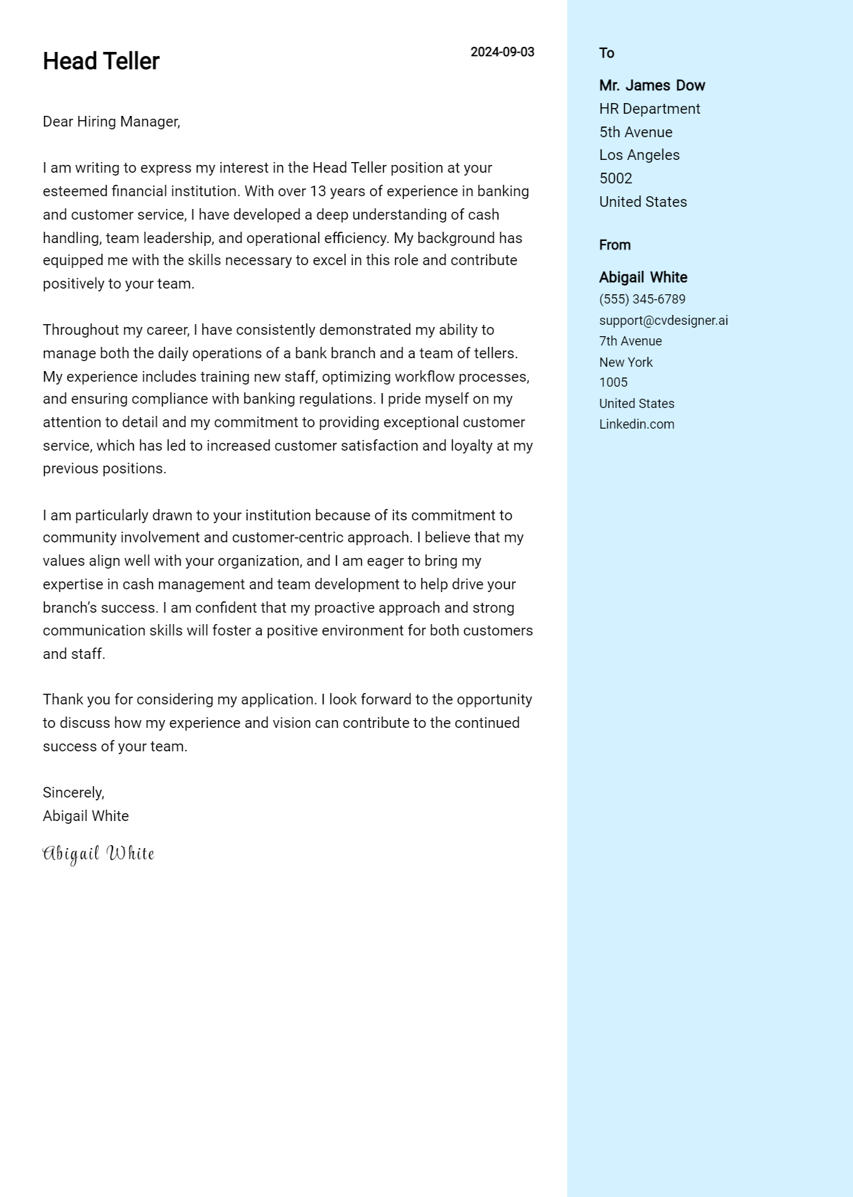 Head Teller Cover Letter Example for 2026: Free Templates Preview