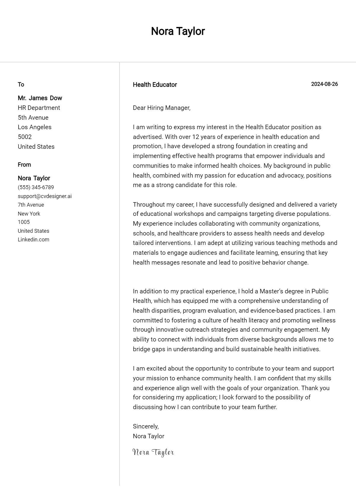 Health Educator Cover Letter Example for 2026: Ultimate Guide Preview