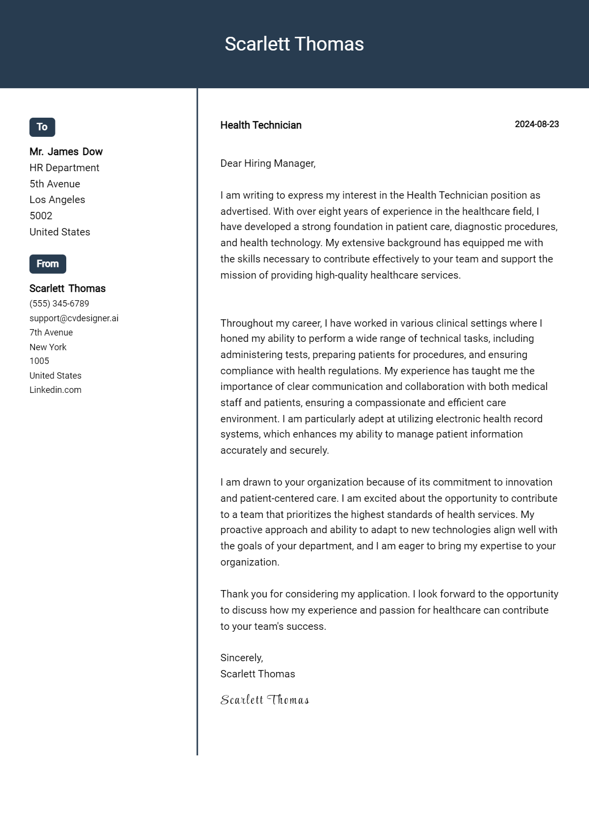 Health Technician Cover Letter Examples for 2026 (Downloadable) Preview
