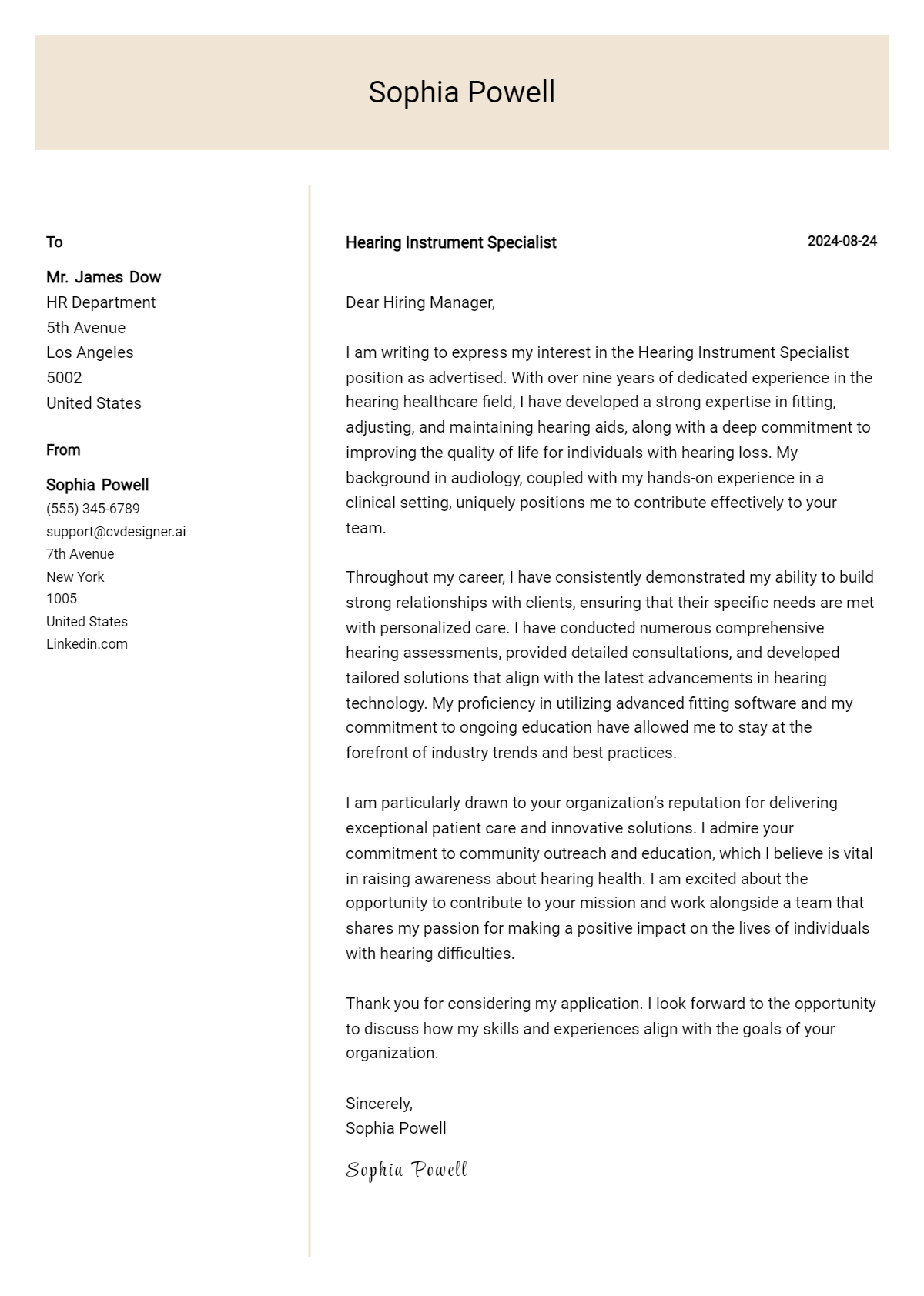Hearing Instrument Specialist Cover Letter Examples & Samples for 2026 Preview