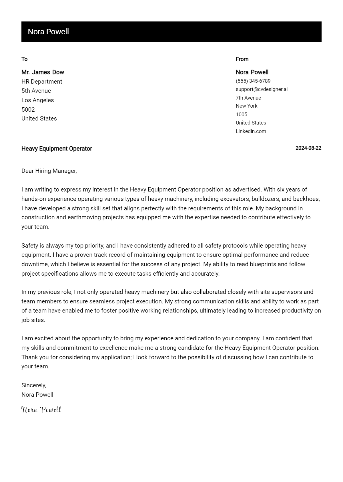 Heavy Equipment Operator Cover Letter Example for 2026: Free Templates Preview