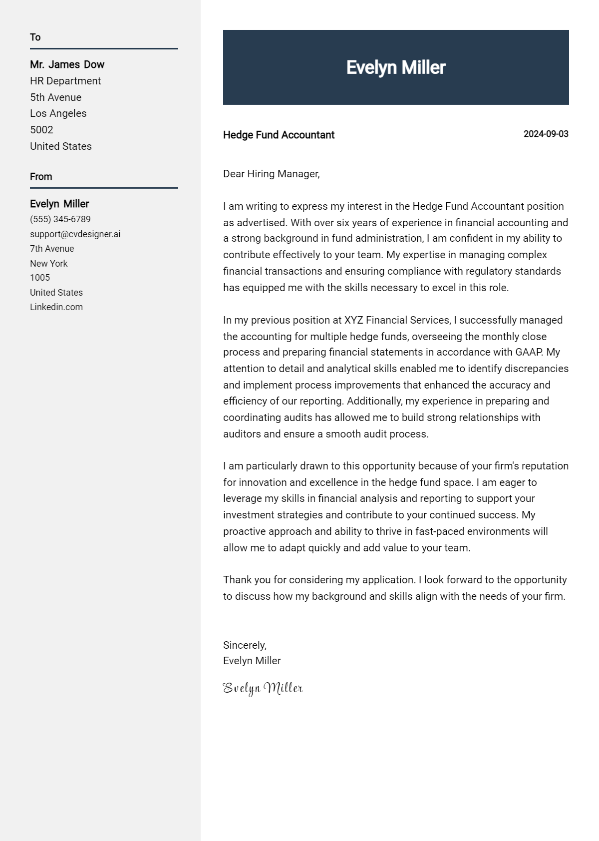 Hedge Fund Accountant Cover Letter Example for 2026 (Writing Guide) Preview