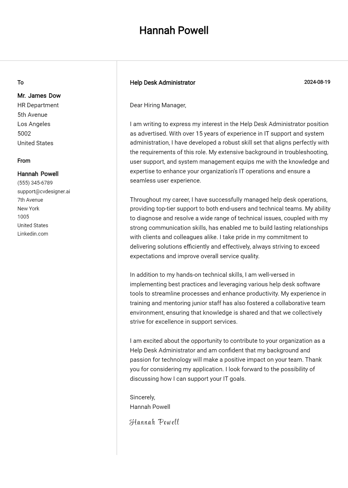 Help Desk Administrator Cover Letter Examples for 2026 (Downloadable) Preview