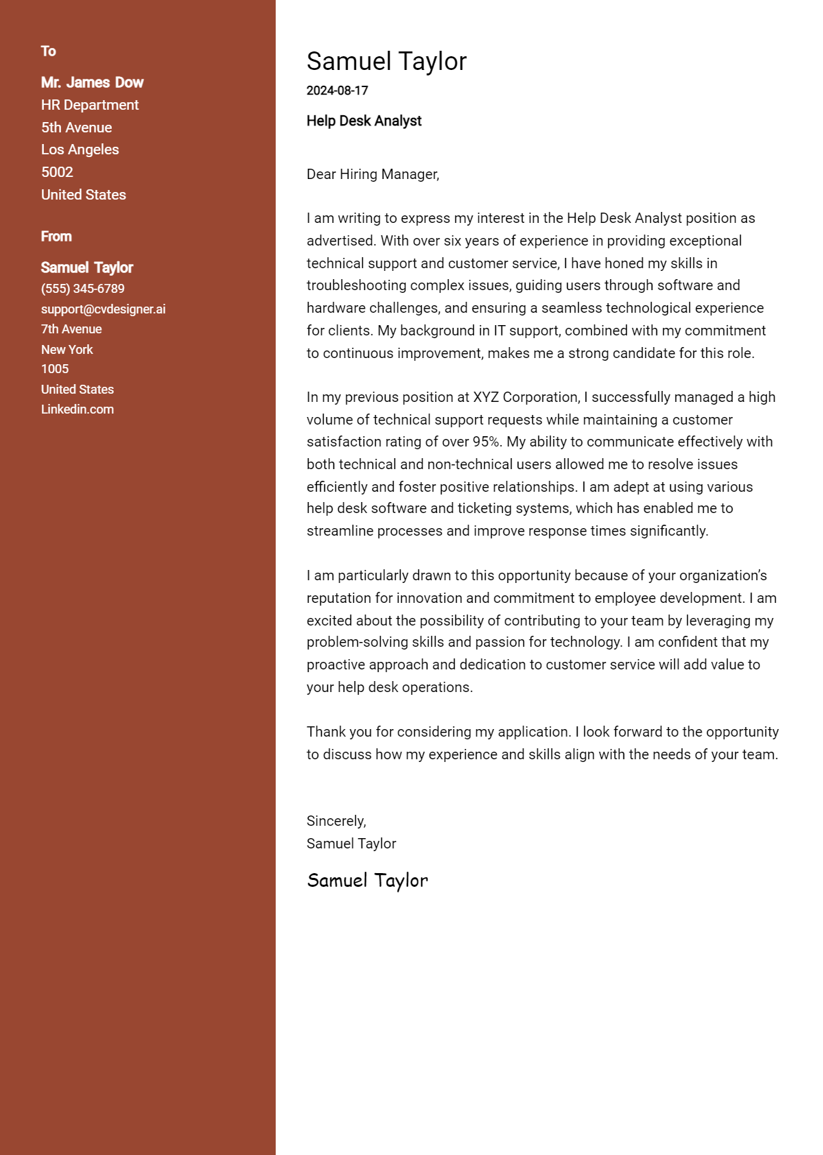 Help Desk Analyst Cover Letter Example for 2026 (Writing Guide) Preview