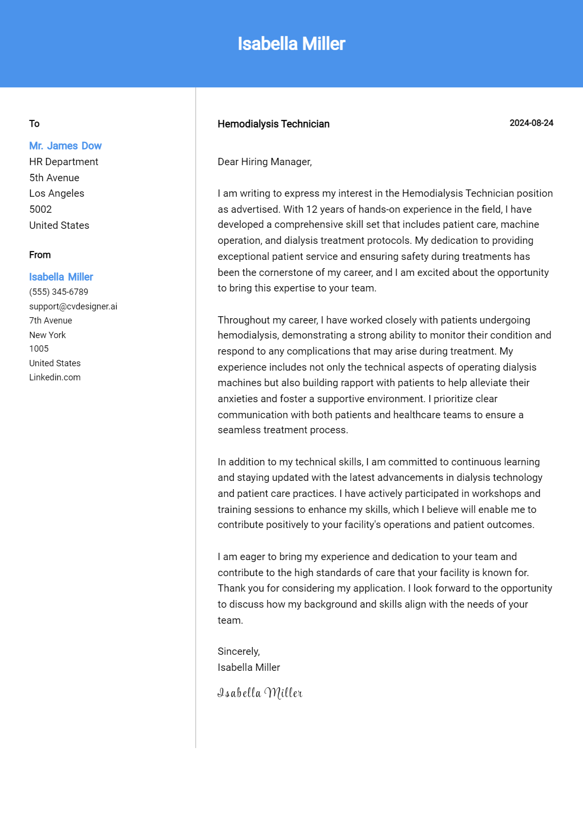 Hemodialysis Technician Cover Letter Example for 2026 (Download Templates) Preview