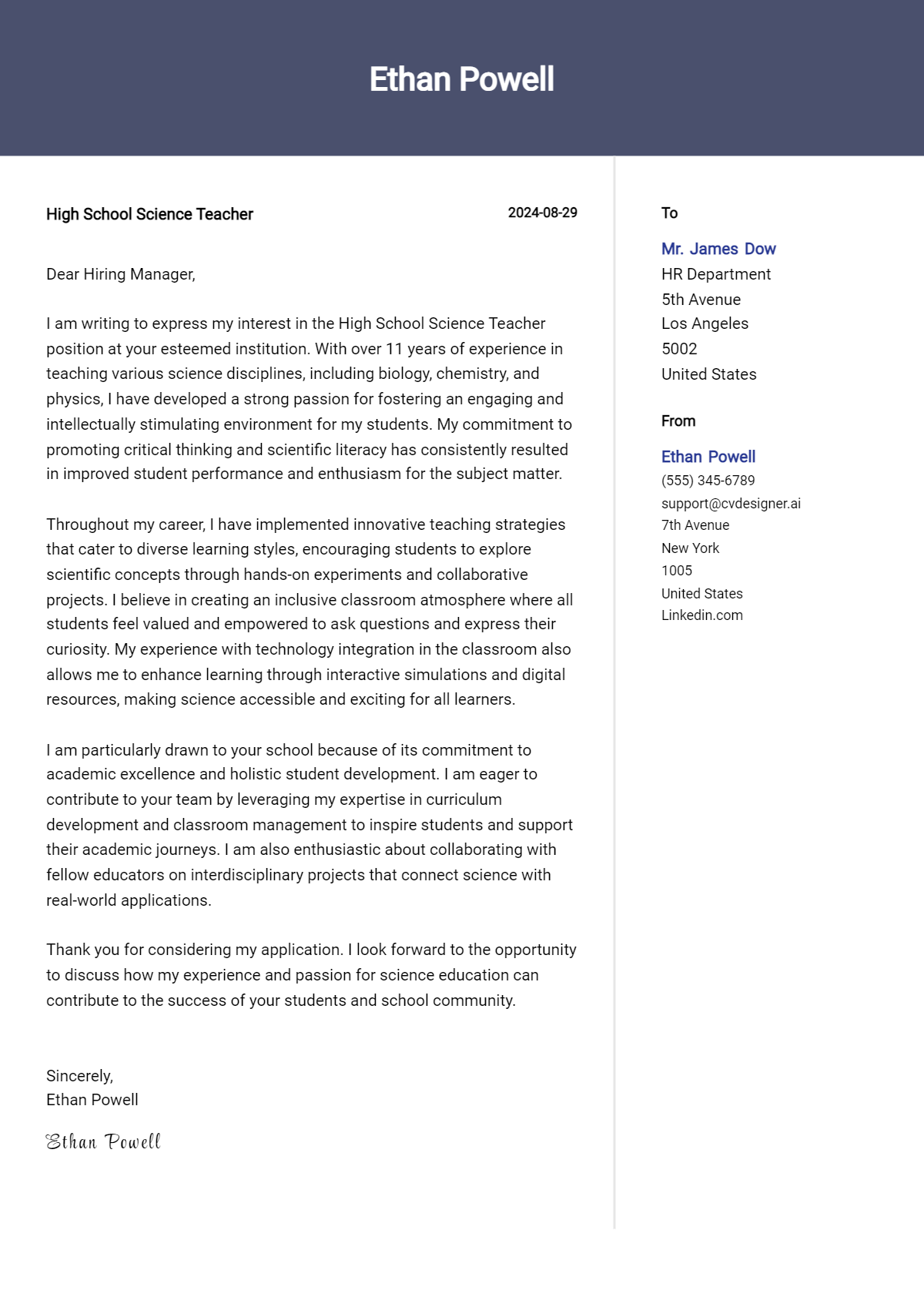 High School Science Teacher Cover Letter Example for 2026 (Complete Writing Guide) Preview