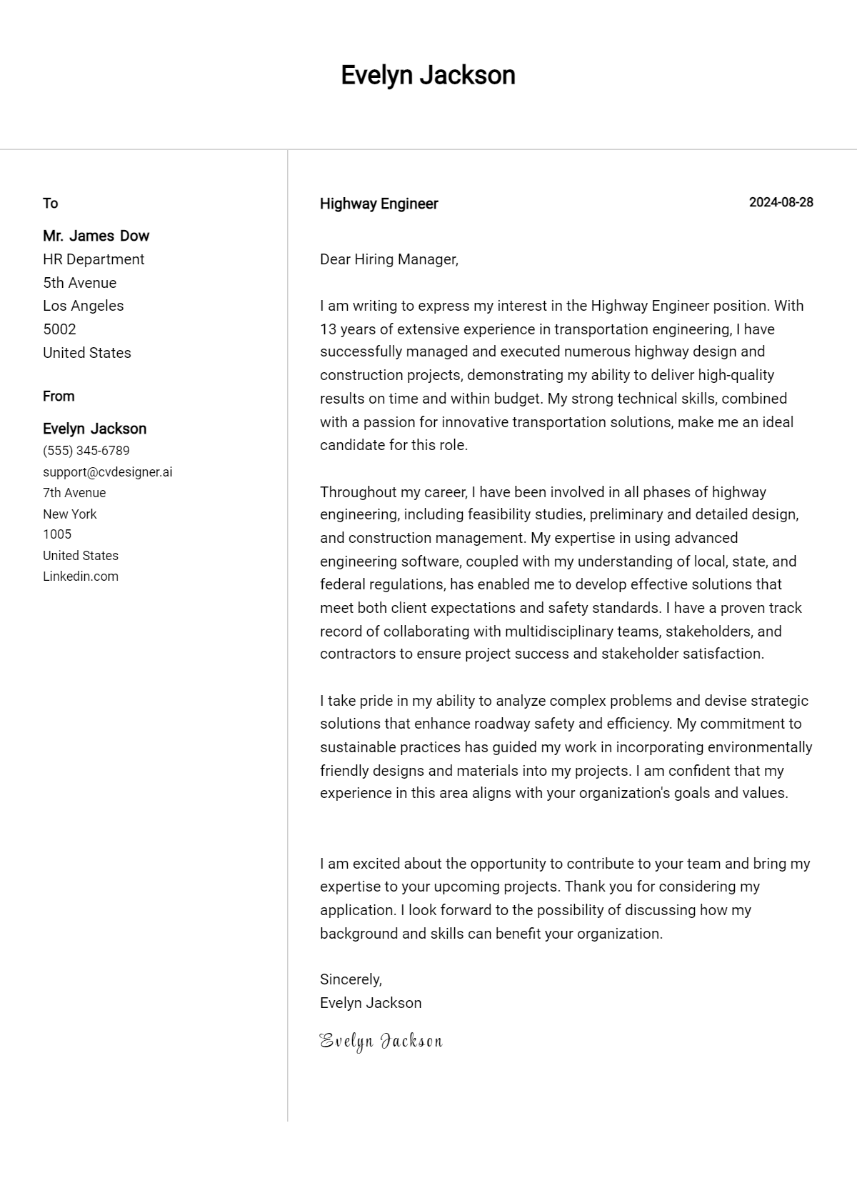 Highway Engineer Cover Letter Examples & Samples for 2026 Preview