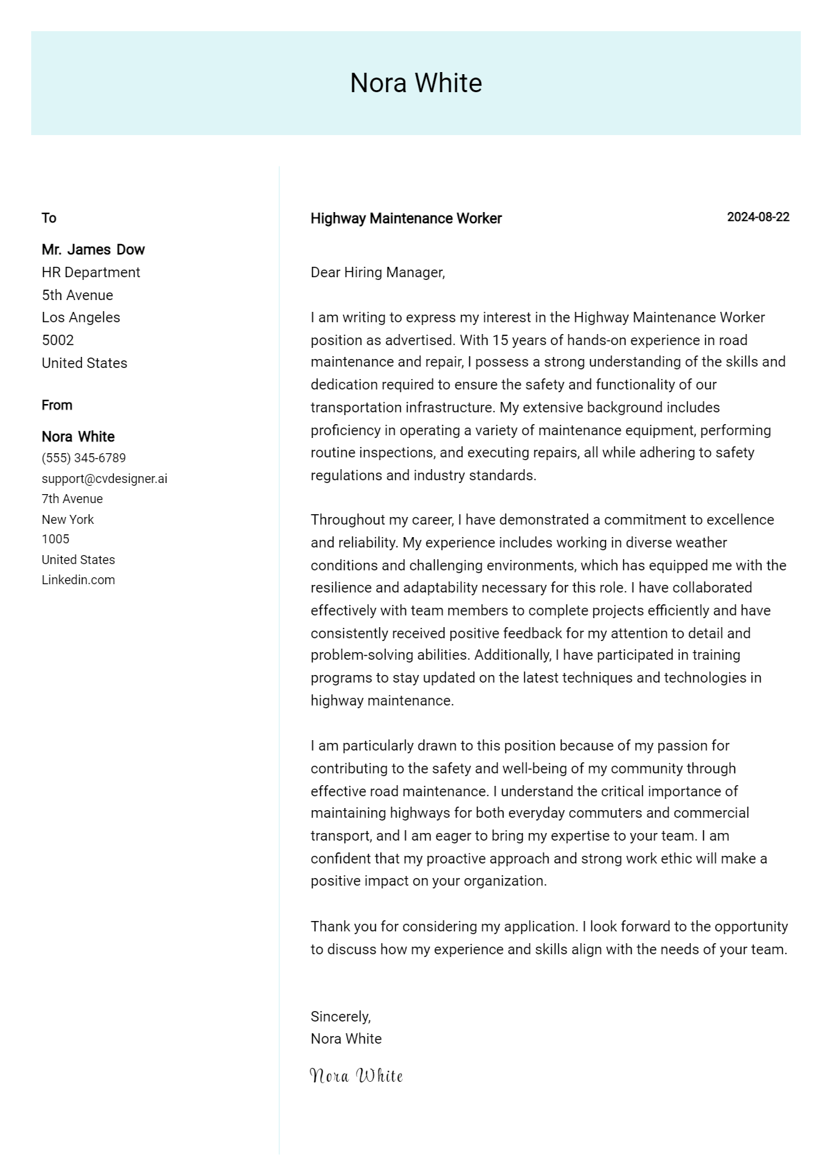 Highway Maintenance Worker Cover Letter Example for 2026 (Free Templates) Preview