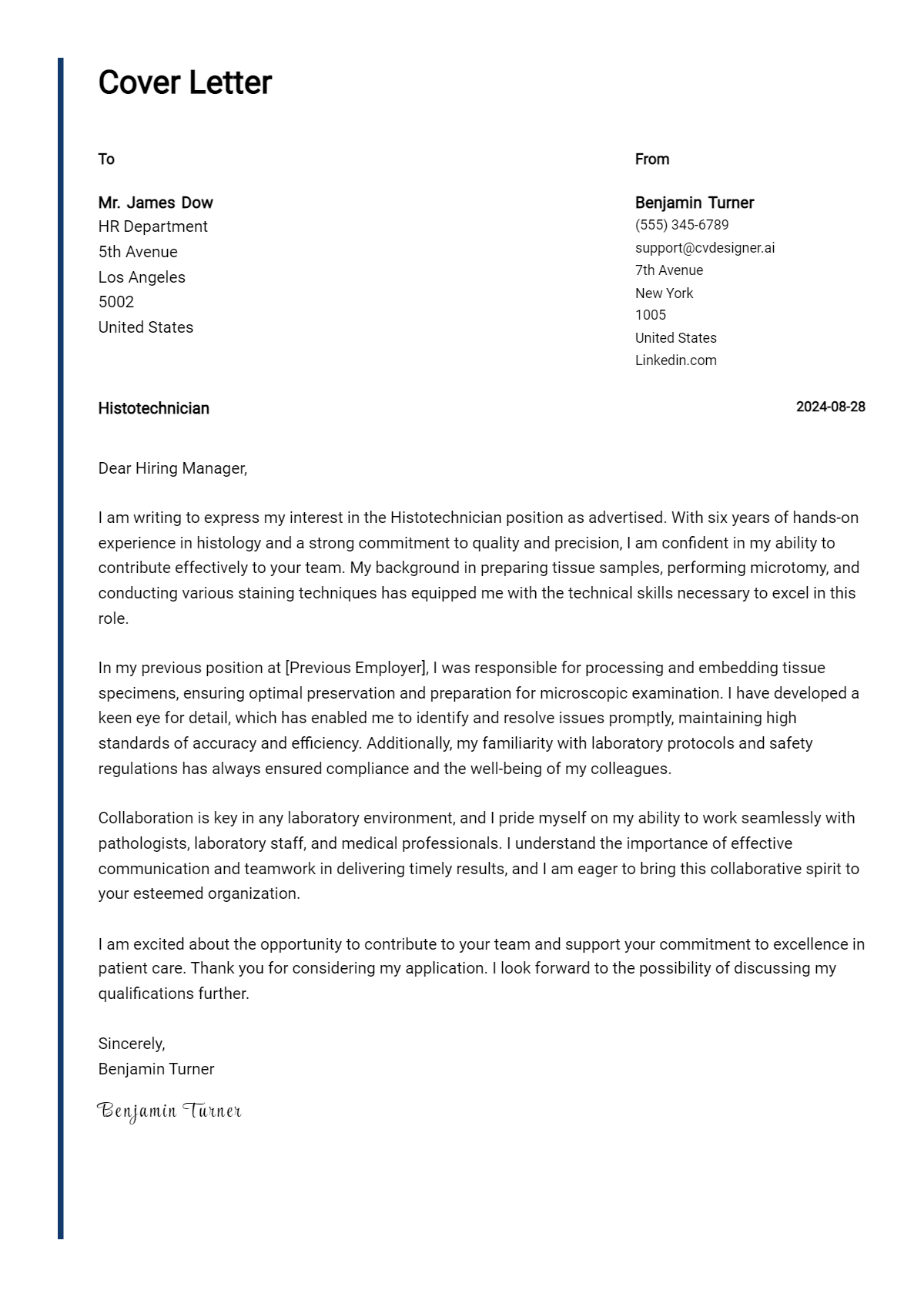 Histotechnician Cover Letter Examples with Writing Tips for 2026 Preview