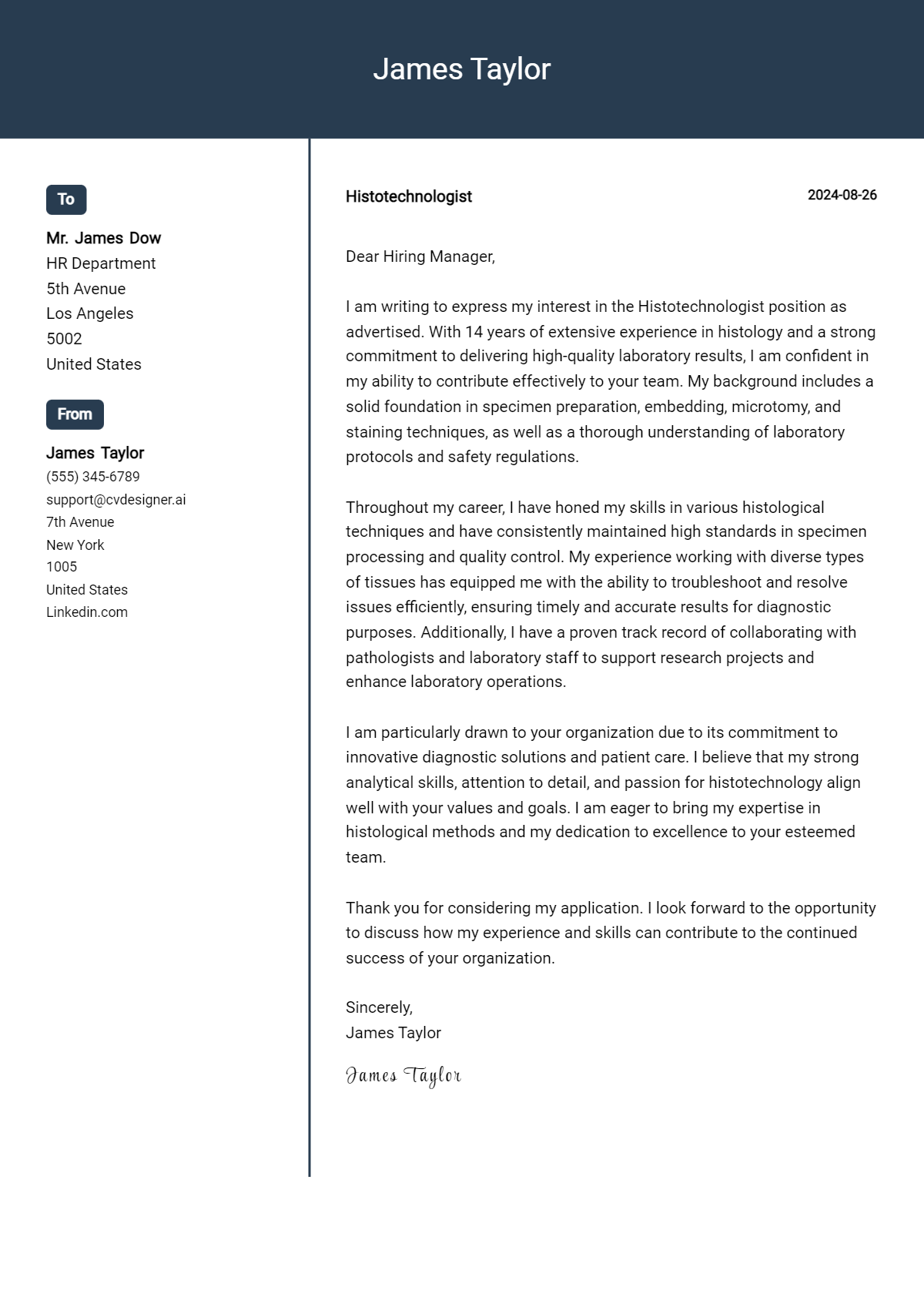 Histotechnologist Cover Letter Example for 2026: Tips & Templates Preview