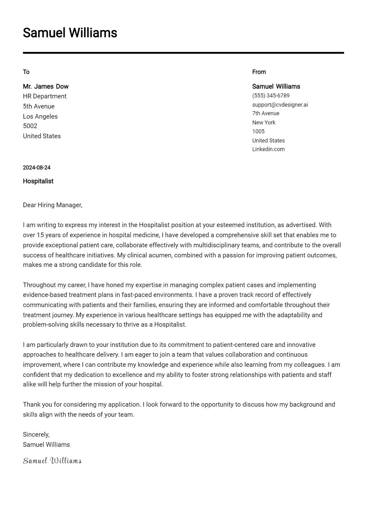 Hospitalist Cover Letter Example for 2026: Top CV Skills Preview