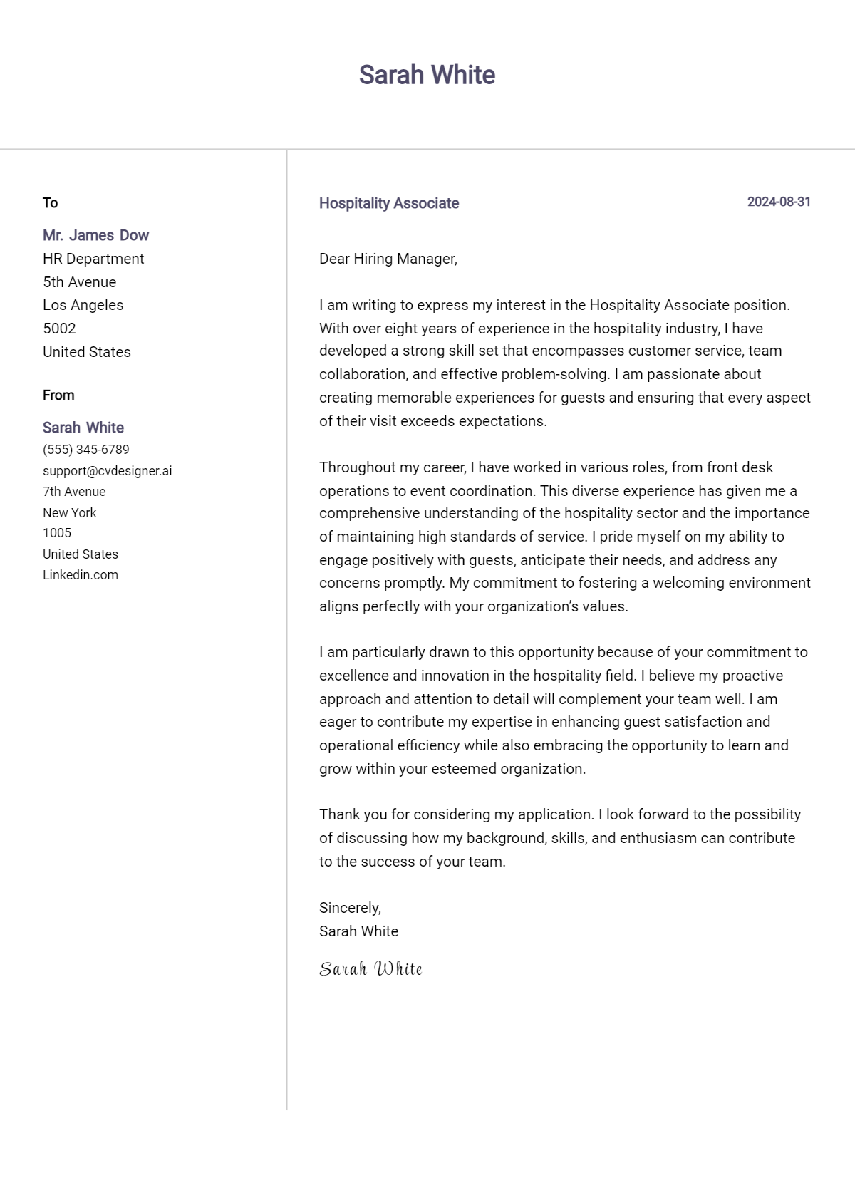 Hospitality Associate Cover Letter Example for 2026: Tips & Templates Preview
