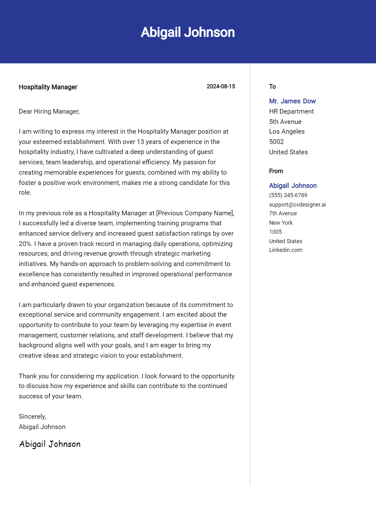 Hospitality Manager Cover Letter Example for 2026 (Complete Writing Guide) Preview
