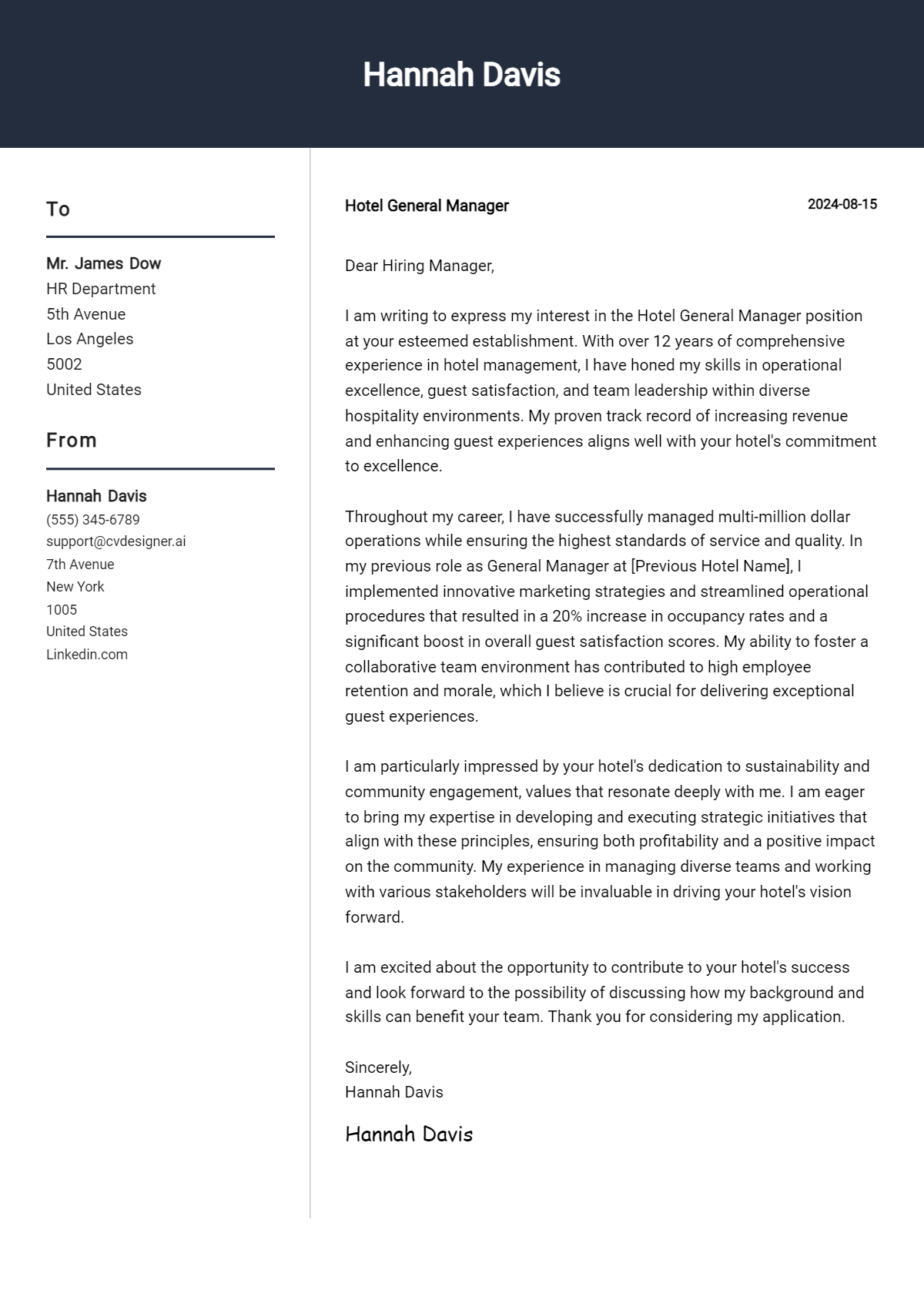 Hotel General Manager Cover Letter Example for 2026 (Writing Guide) Preview