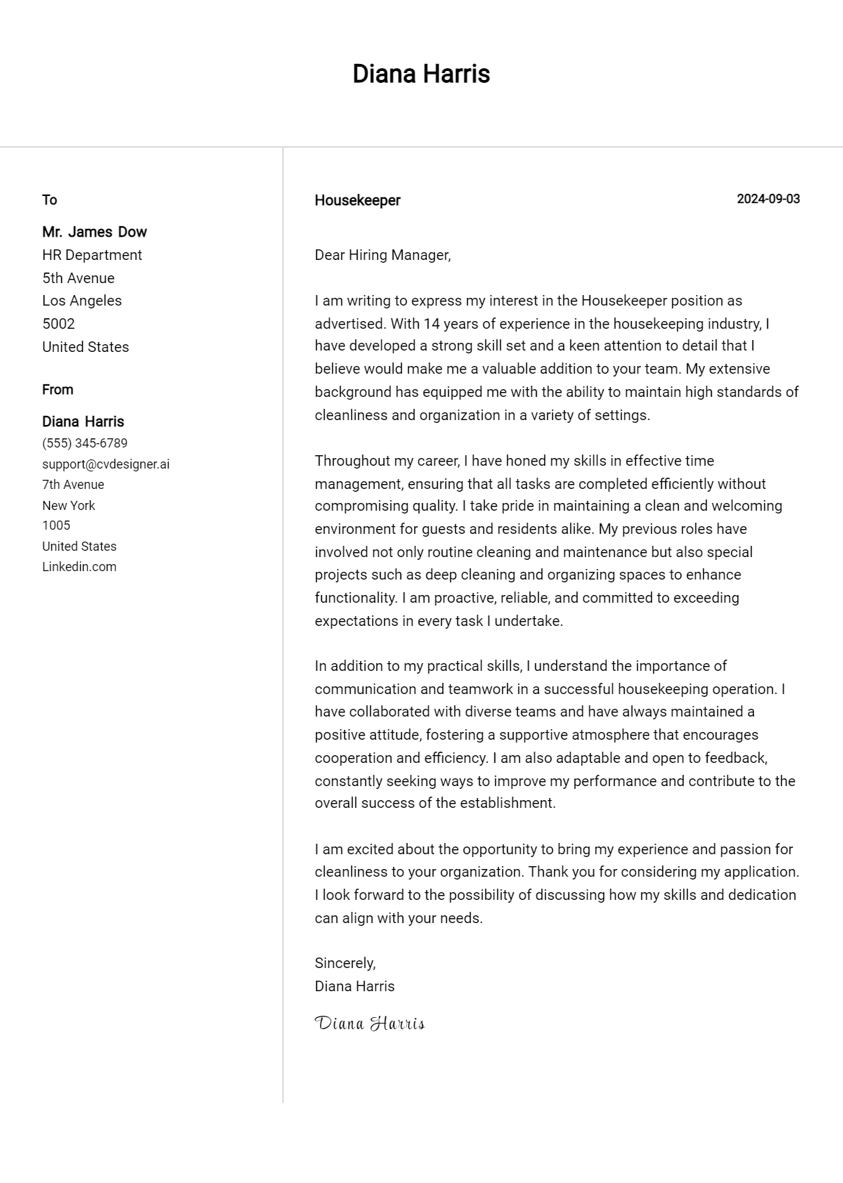 Housekeeper Cover Letter Example for 2026: Free Templates Preview