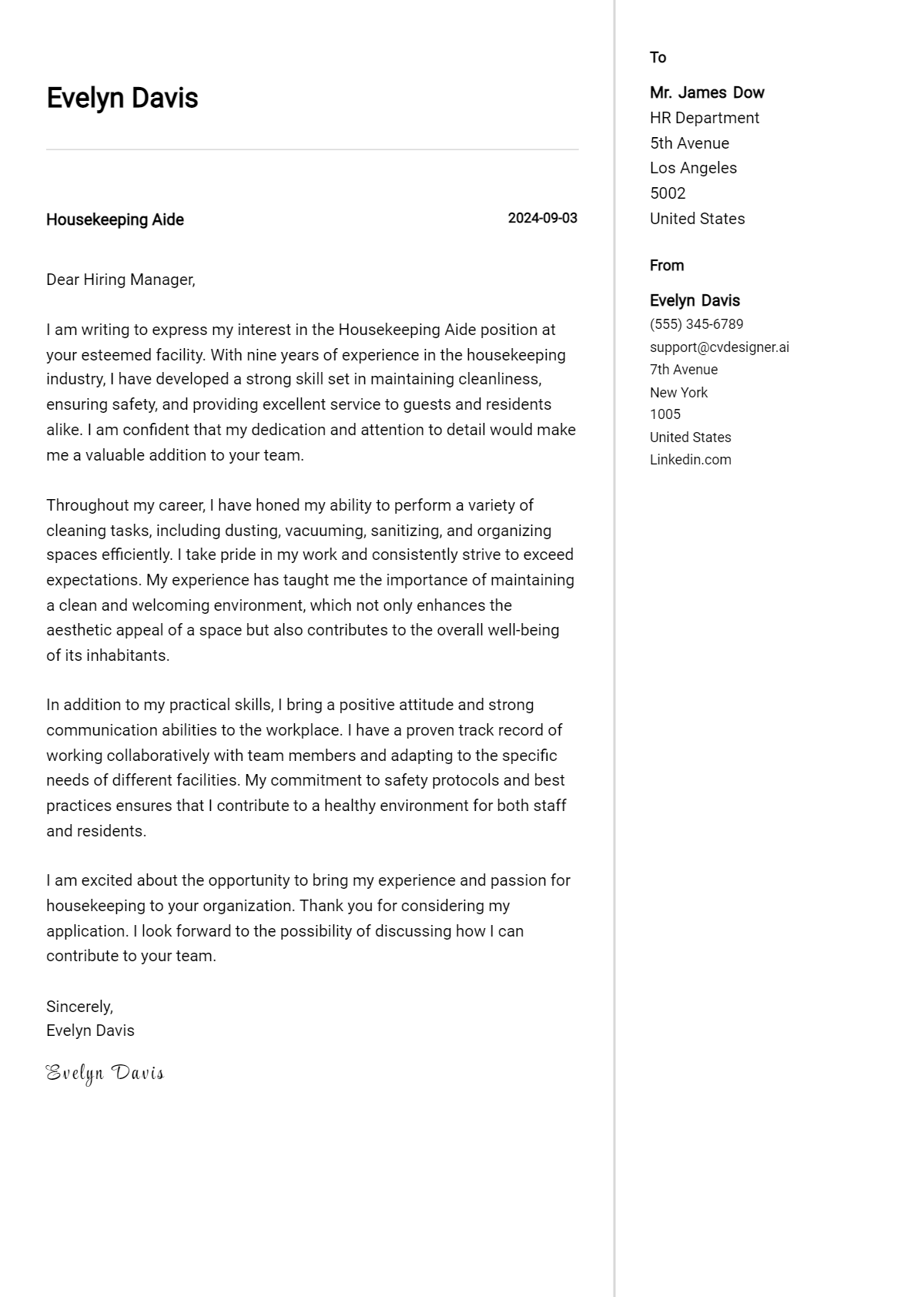 Housekeeping Aide Cover Letter Example for 2026 (Writing Guide) Preview