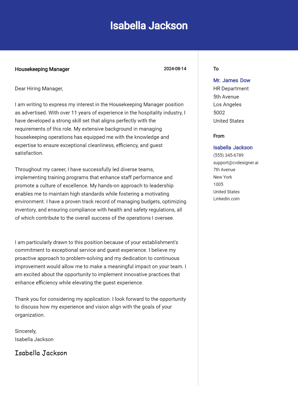 Housekeeping Manager Cover Letter Example for 2026: Free Templates Preview