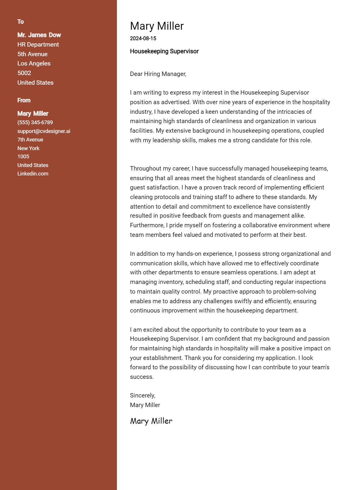 6 Housekeeping Supervisor Cover Letter Examples for 2026 (Downloadable) Preview